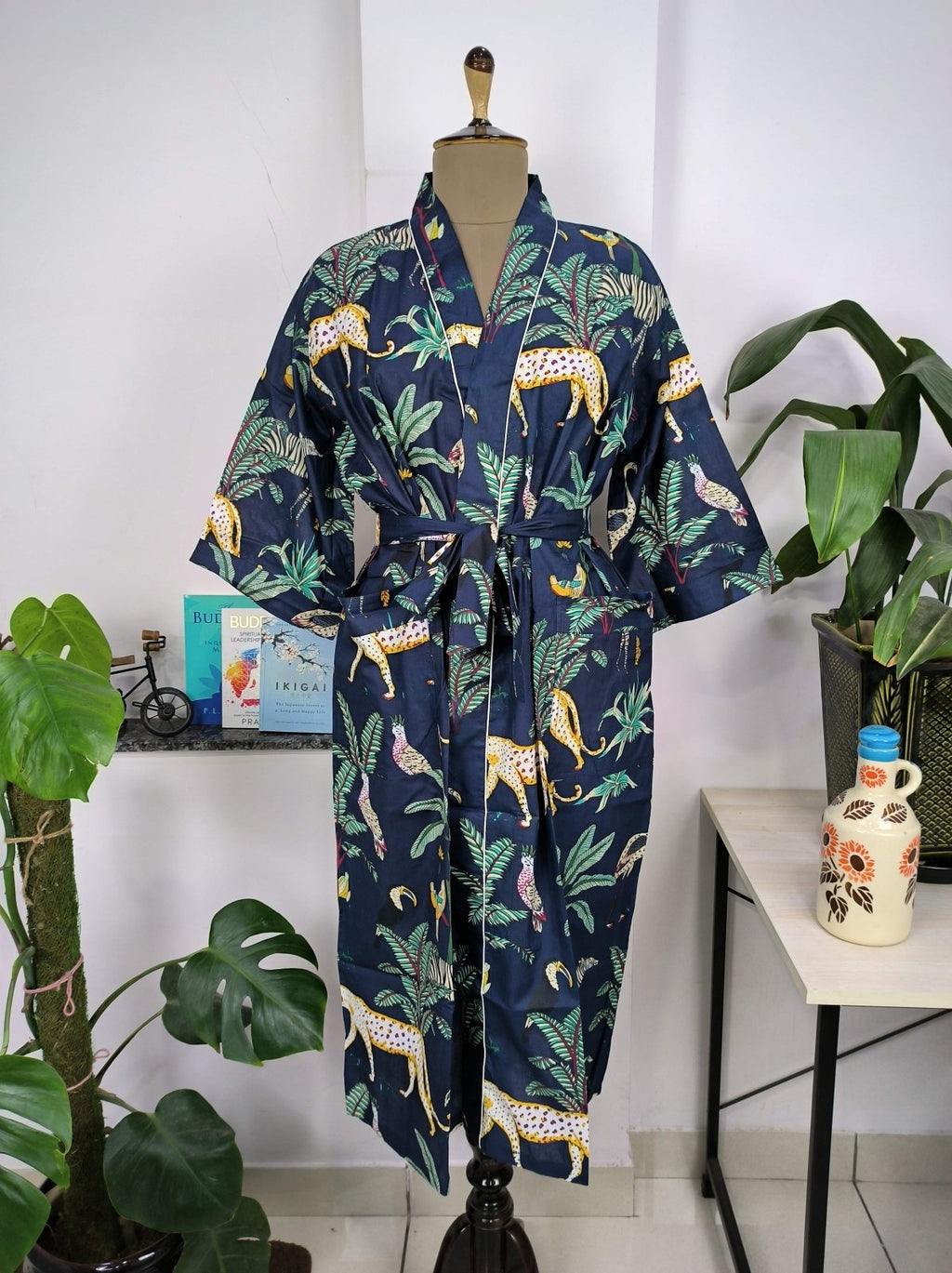 block-printed Cotton Kimono Robe in blue jungle