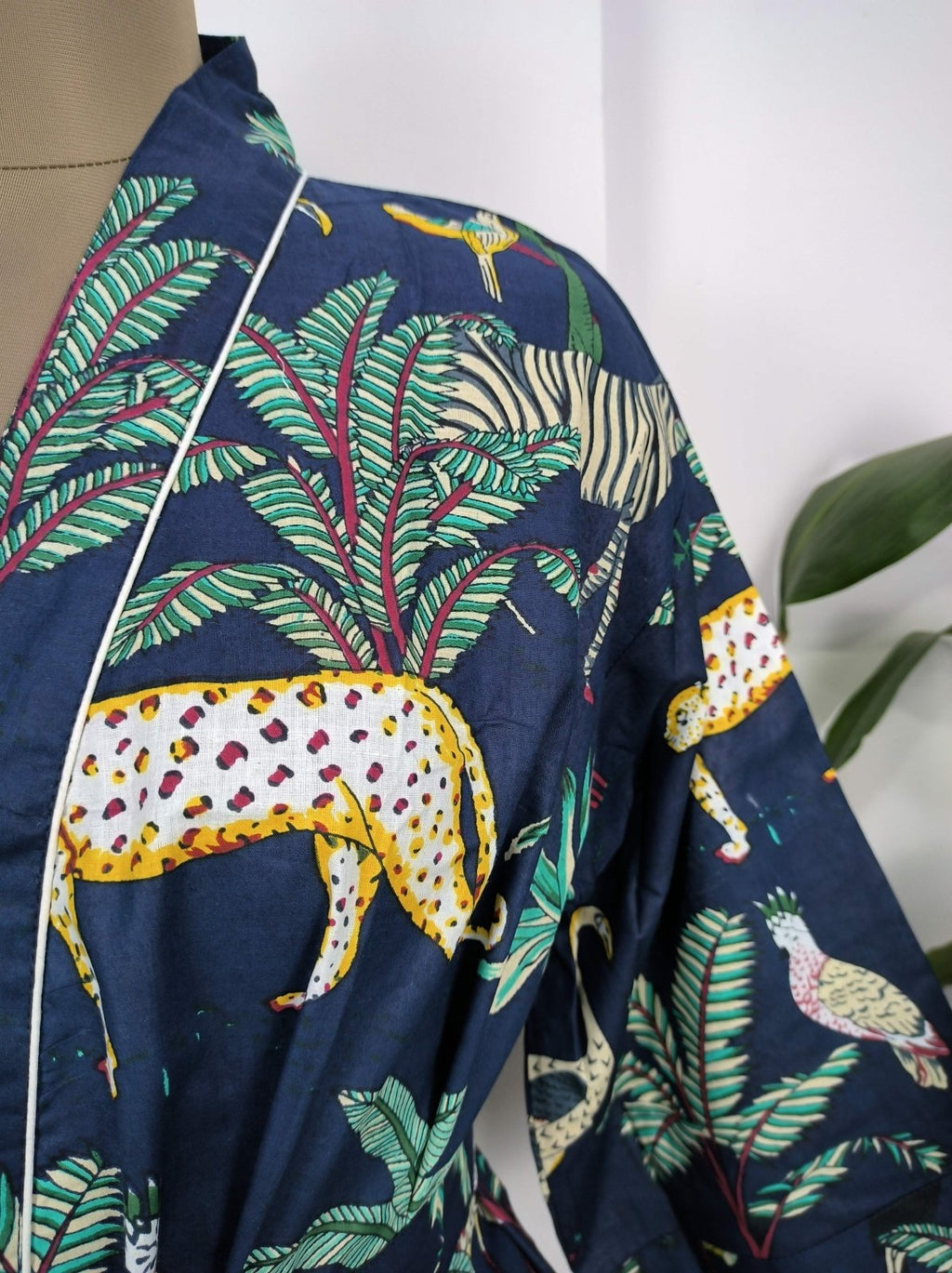 block-printed Cotton Kimono Robe in blue jungle