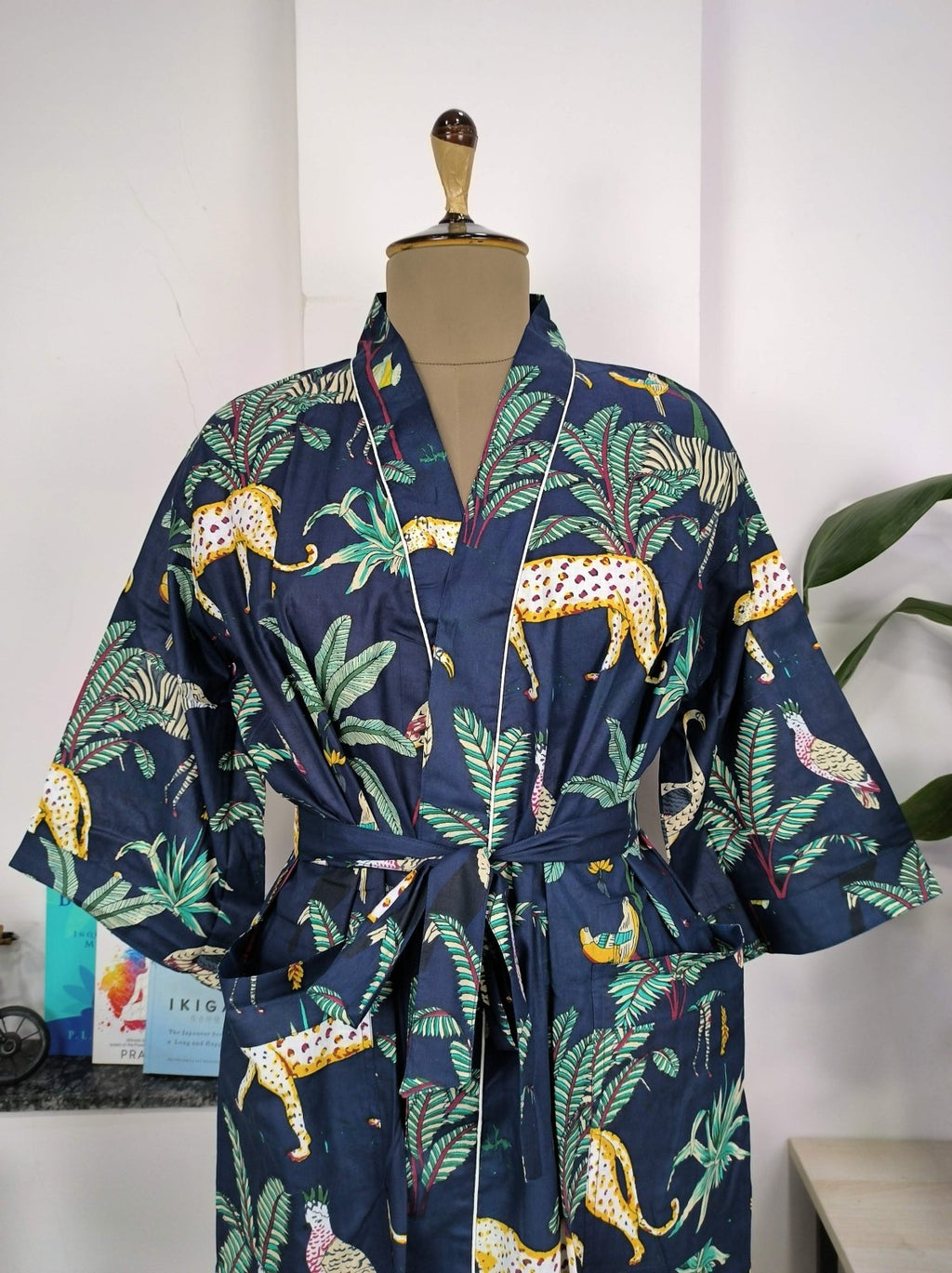 block-printed Cotton Kimono Robe in blue jungle