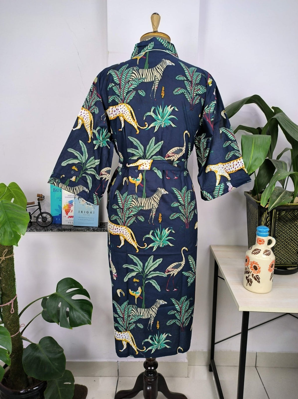 block-printed Cotton Kimono Robe in blue jungle