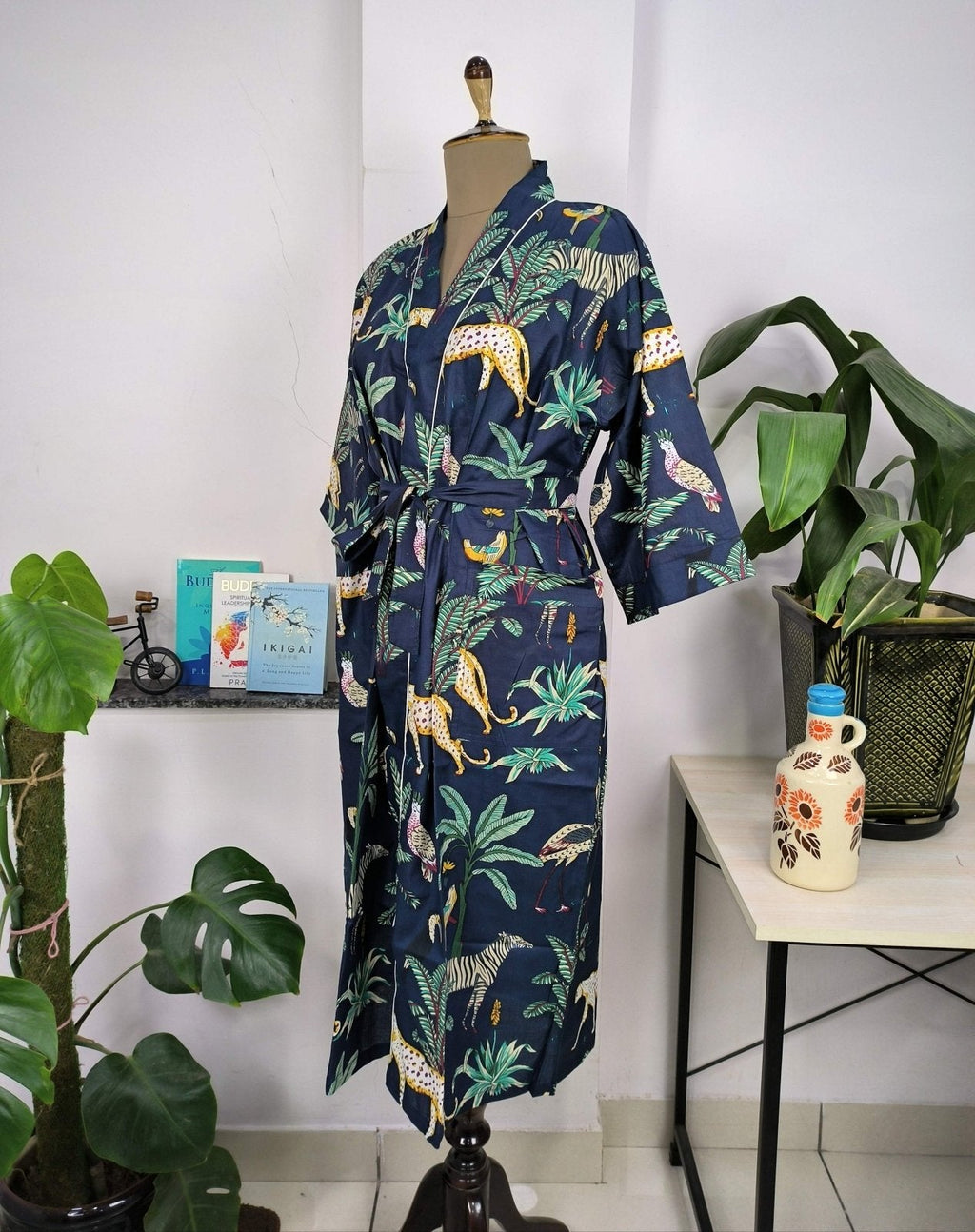 block-printed Cotton Kimono Robe in blue jungle
