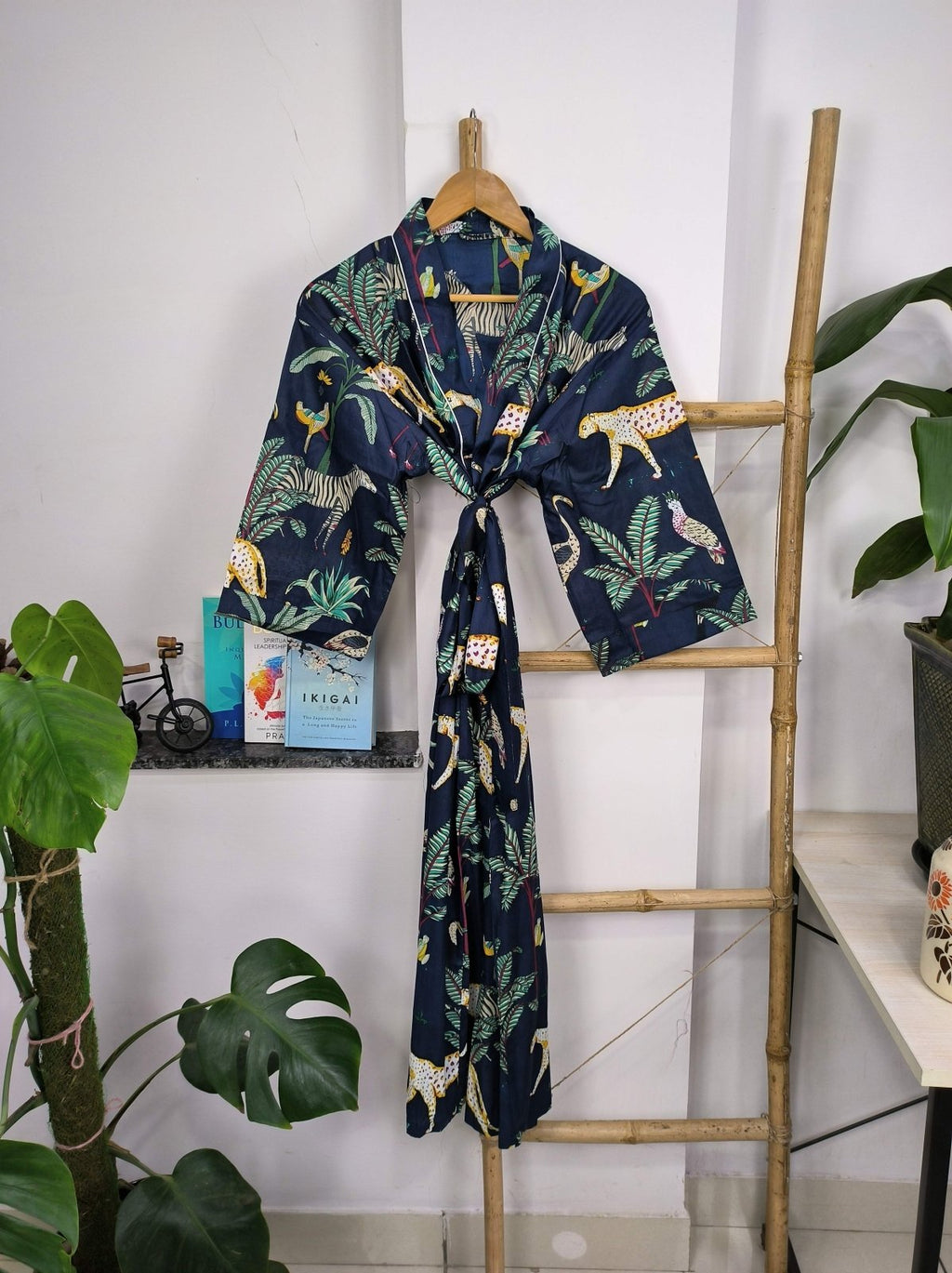 block-printed Cotton Kimono Robe in blue jungle