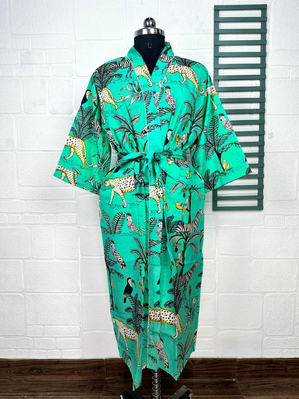 block-printed Cotton Kimono Robe in jungle