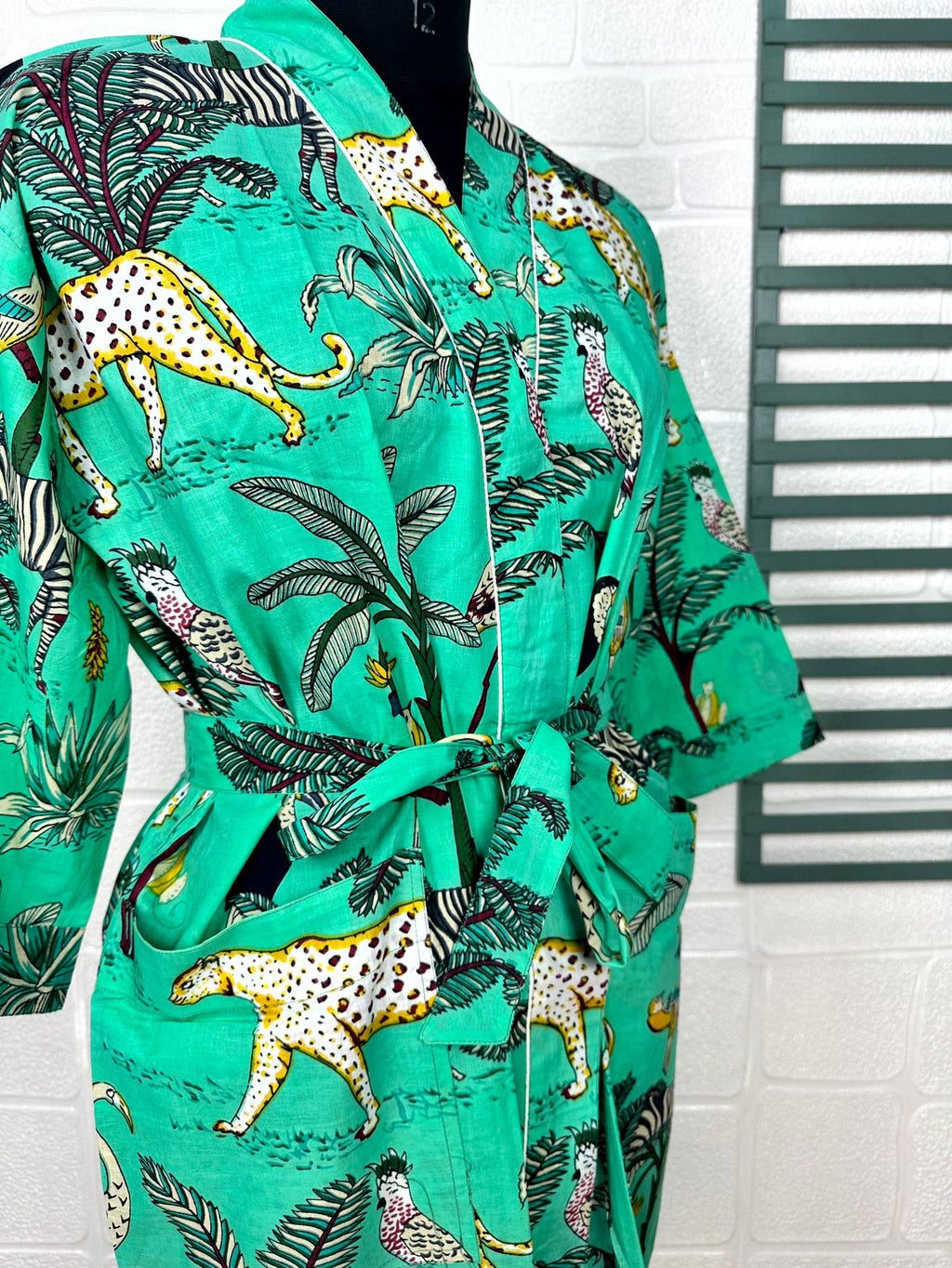 block-printed Cotton Kimono Robe in jungle