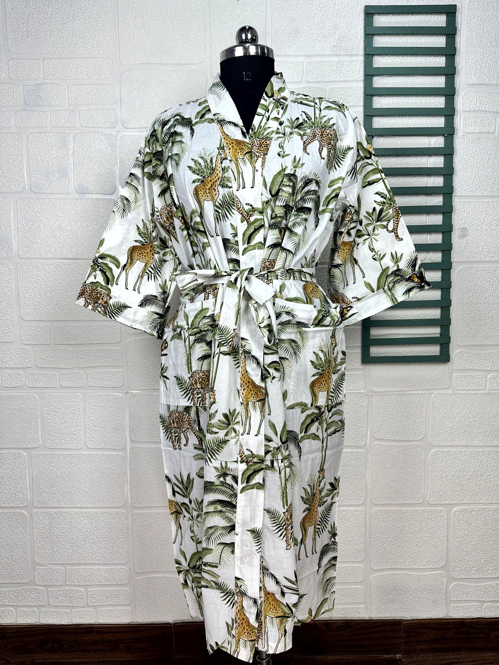 block-printed Cotton Kimono Robe in jungle