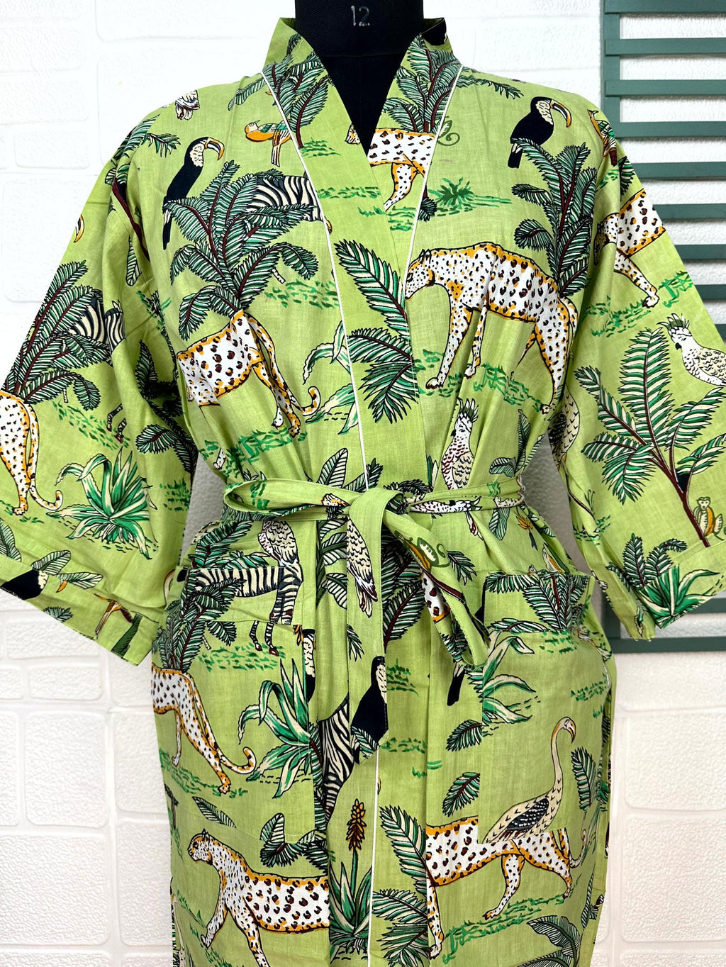 block-printed Cotton Kimono Robe in jungle