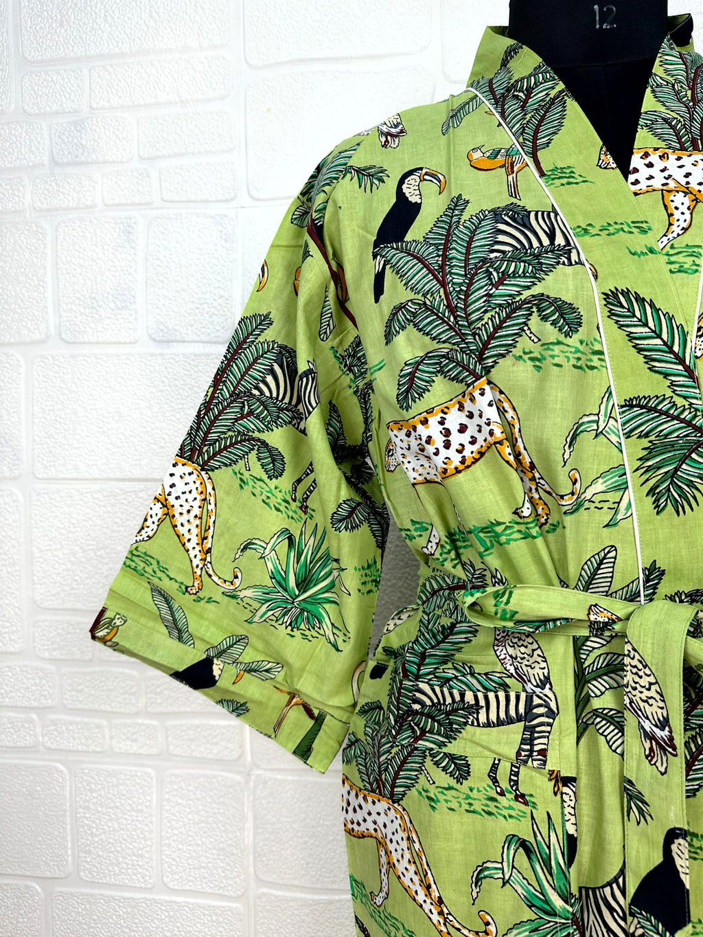 block-printed Cotton Kimono Robe in jungle