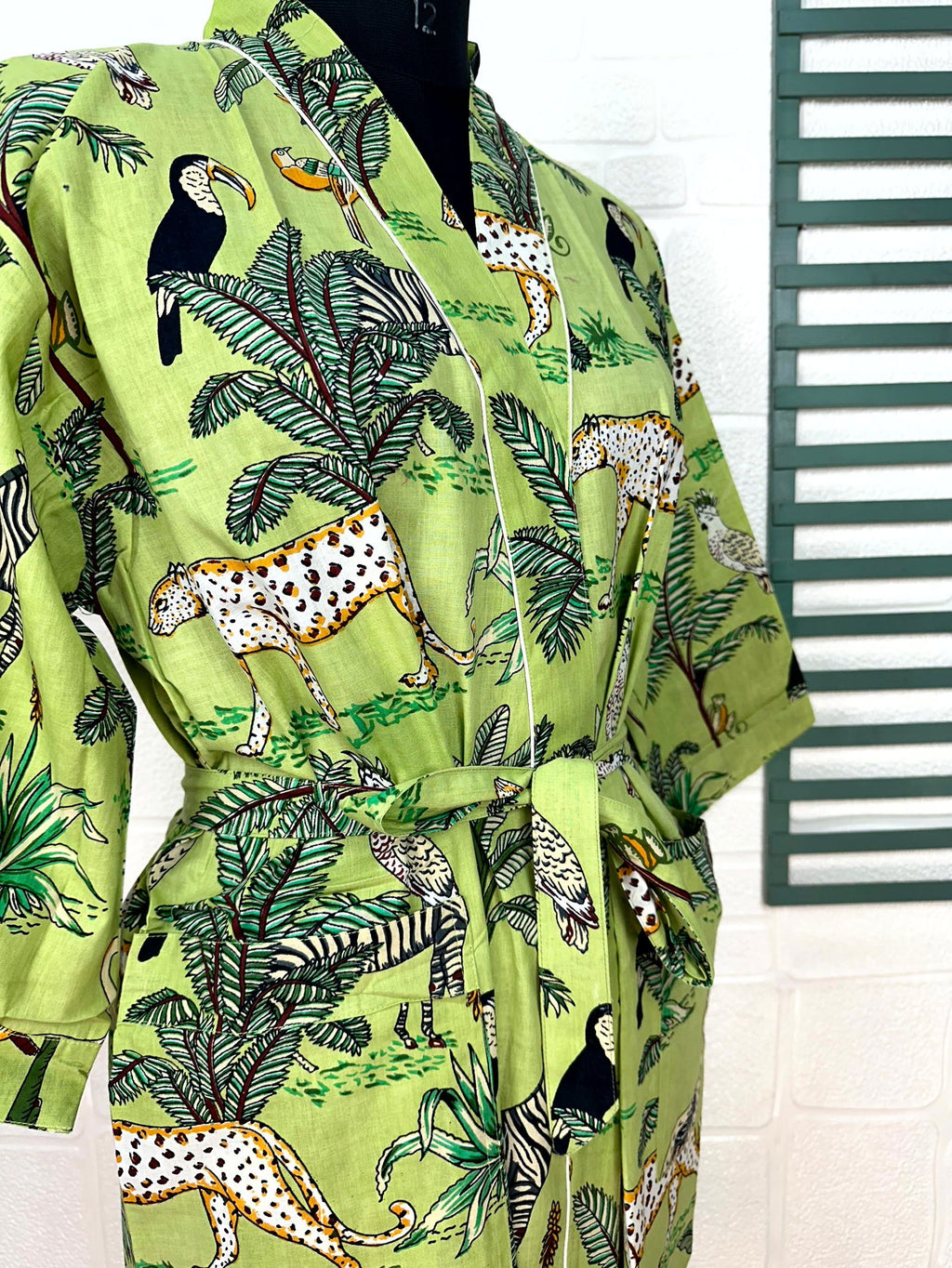 block-printed Cotton Kimono Robe in jungle