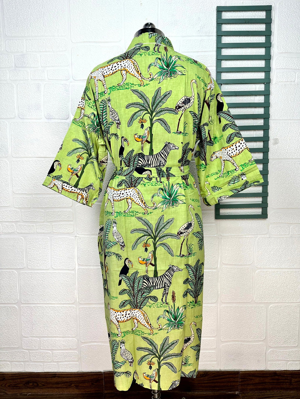 block-printed Cotton Kimono Robe in jungle