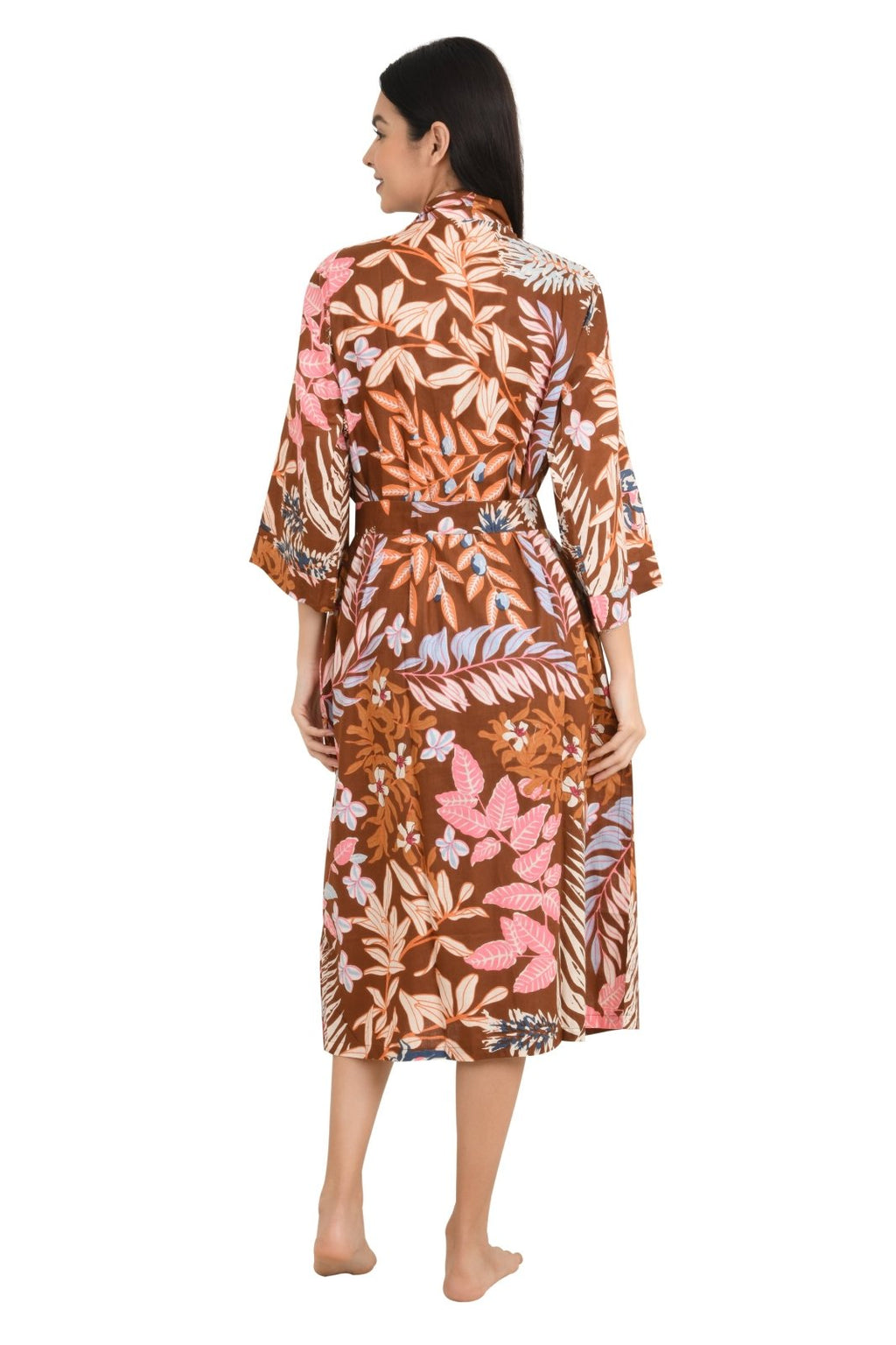 block-printed Cotton Kimono Robe in leaf