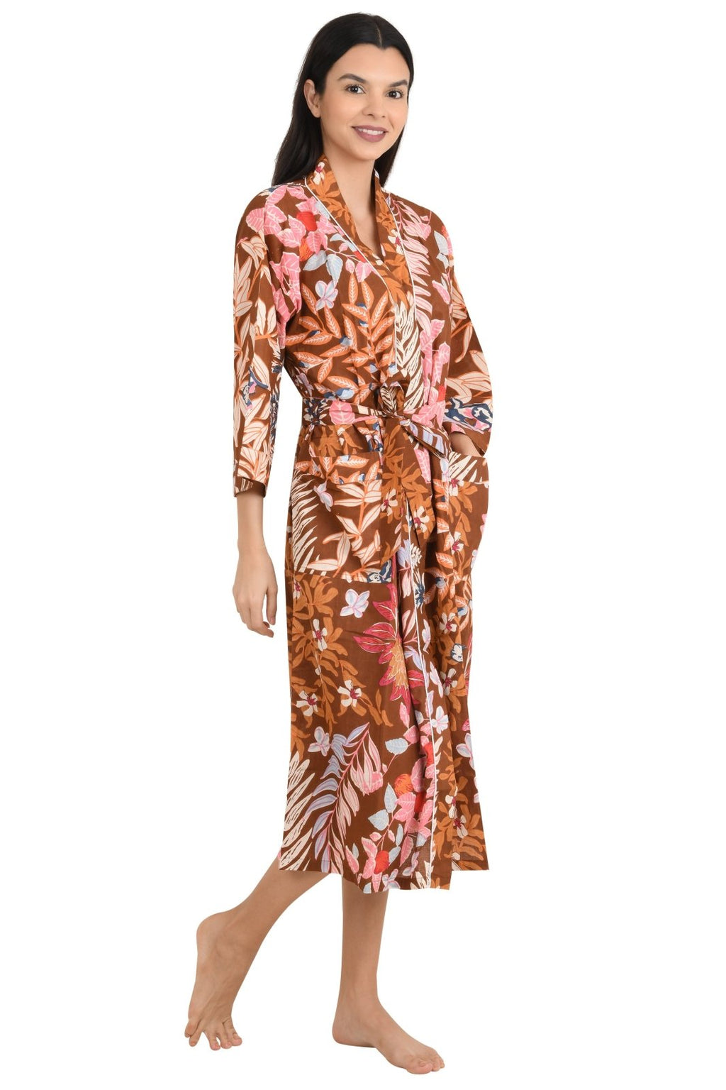 block-printed Cotton Kimono Robe in leaf