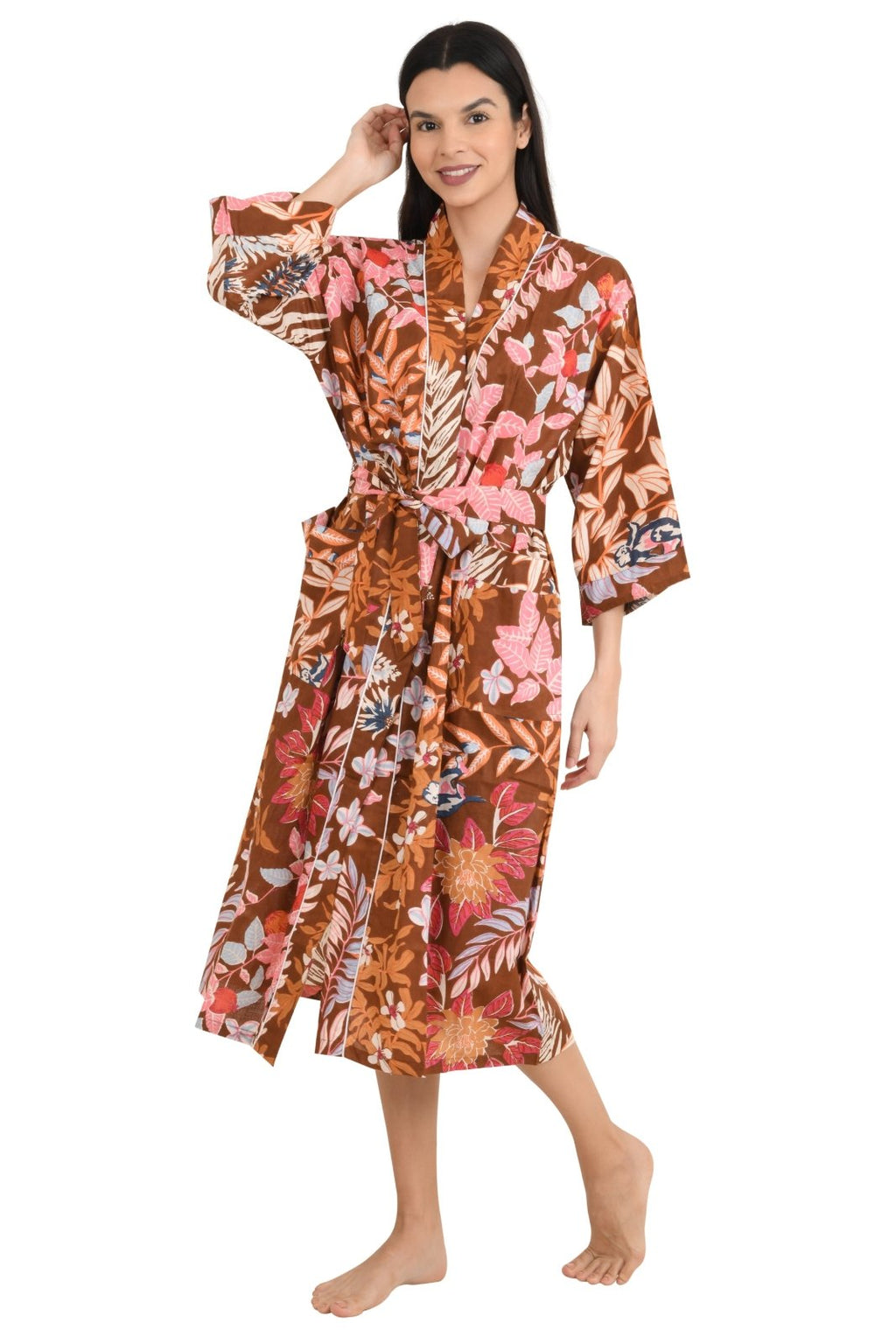 block-printed Cotton Kimono Robe in leaf