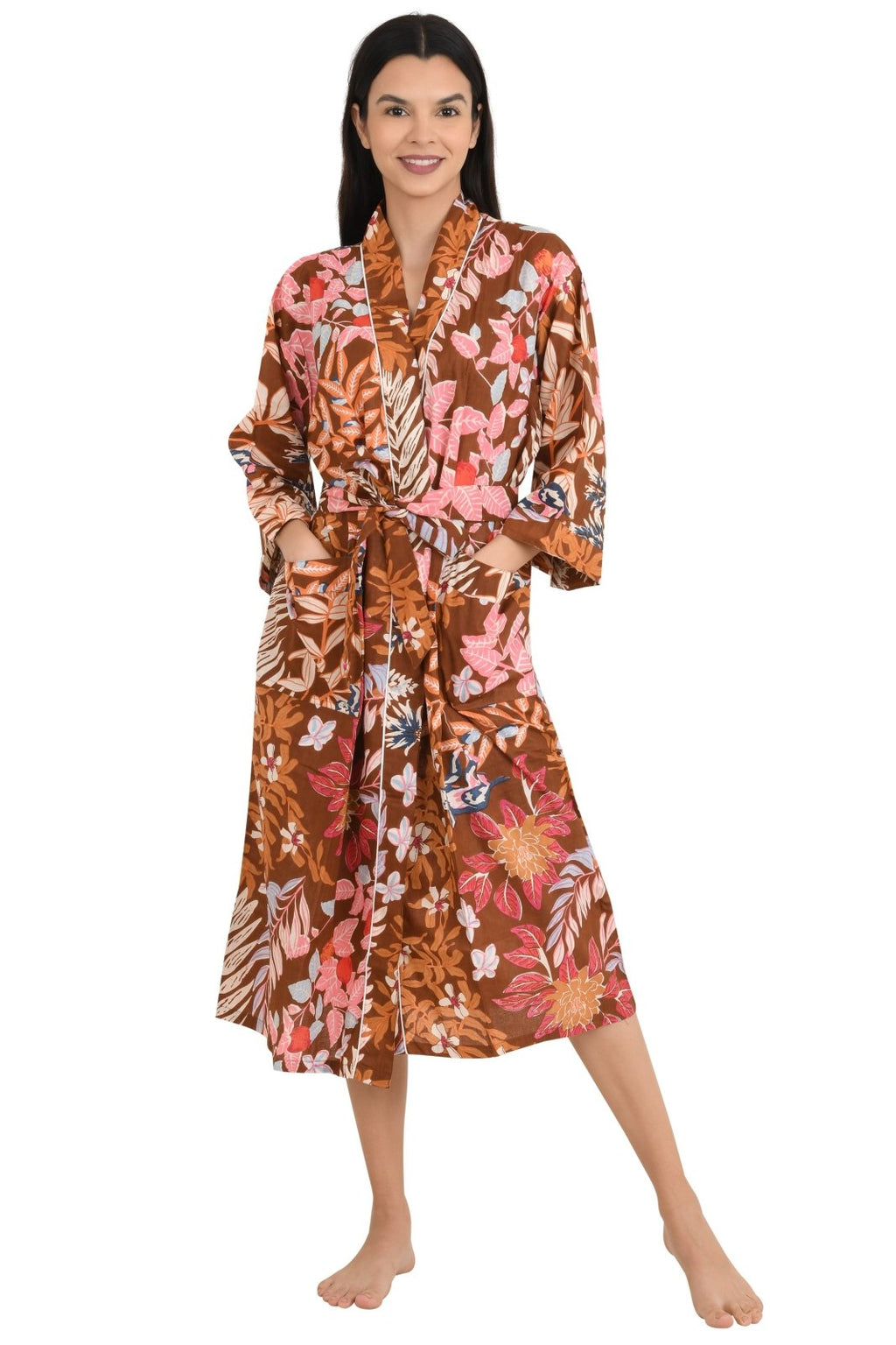 block-printed Cotton Kimono Robe in leaf