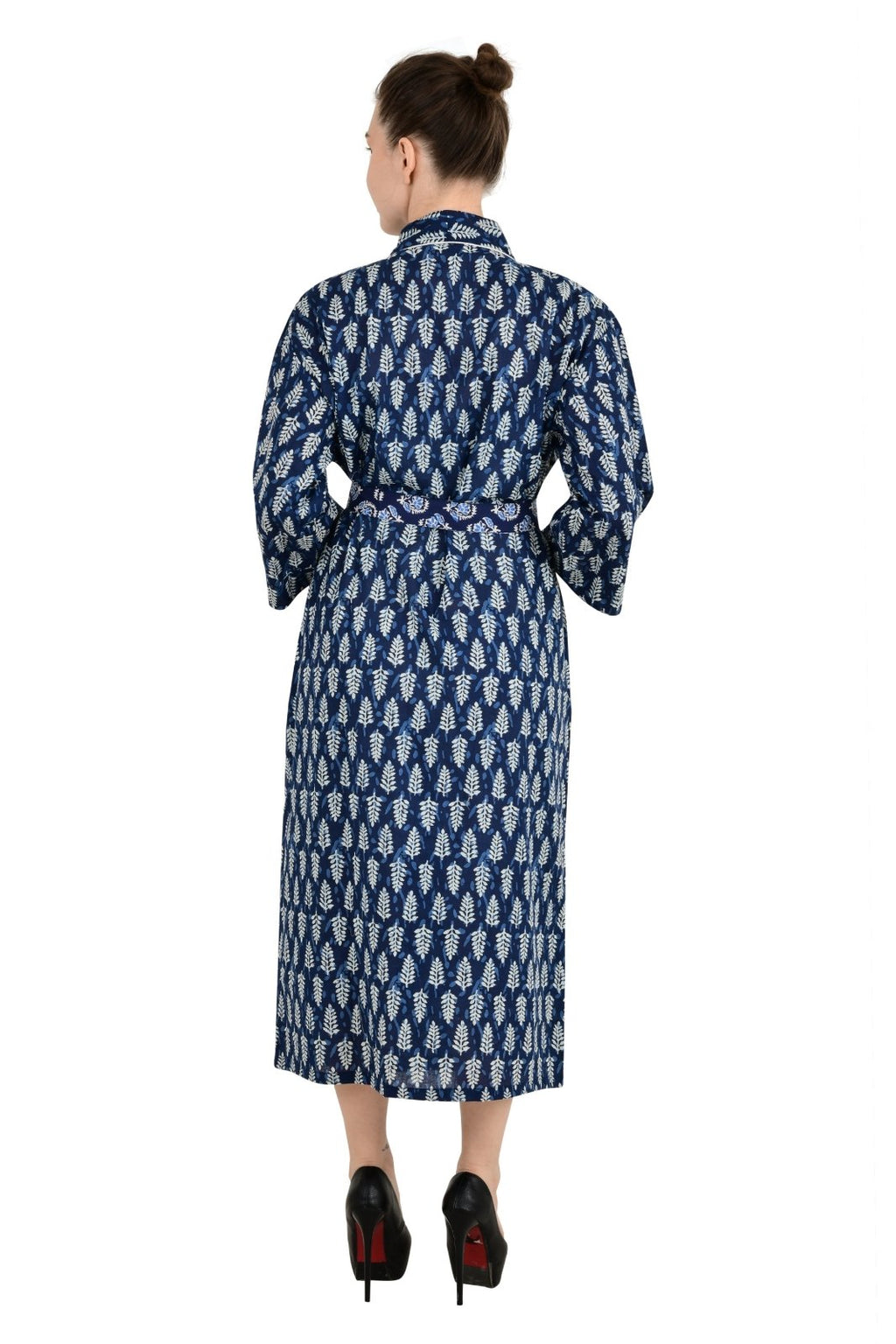 block-printed Cotton Kimono Robe in leaf