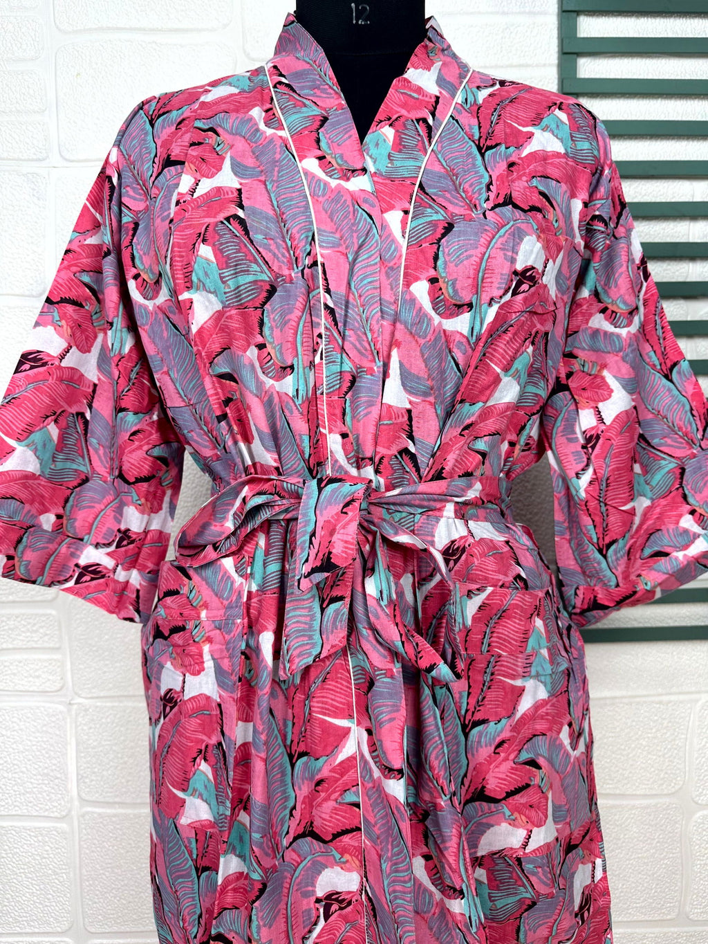 block-printed Cotton Kimono Robe in leaf