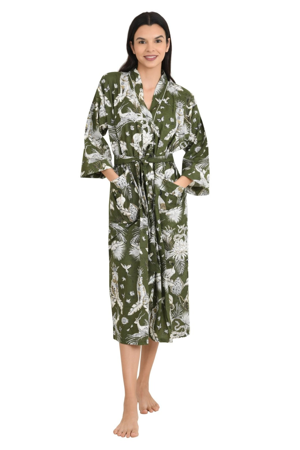 block-printed Cotton Kimono Robe in monkey