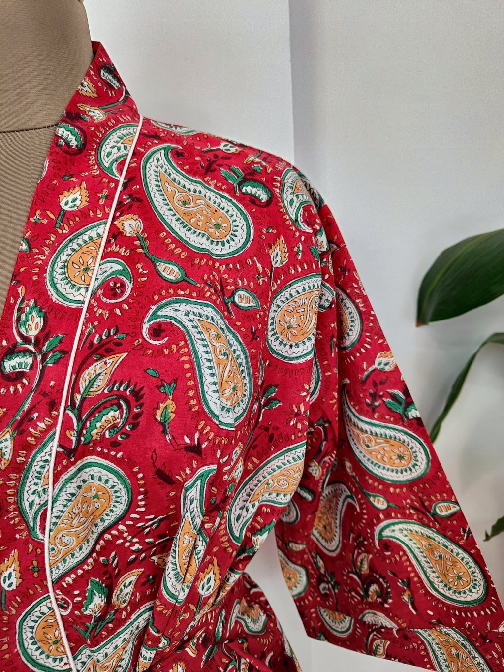 Women's block-printed Cotton Kimono Robe in paisley