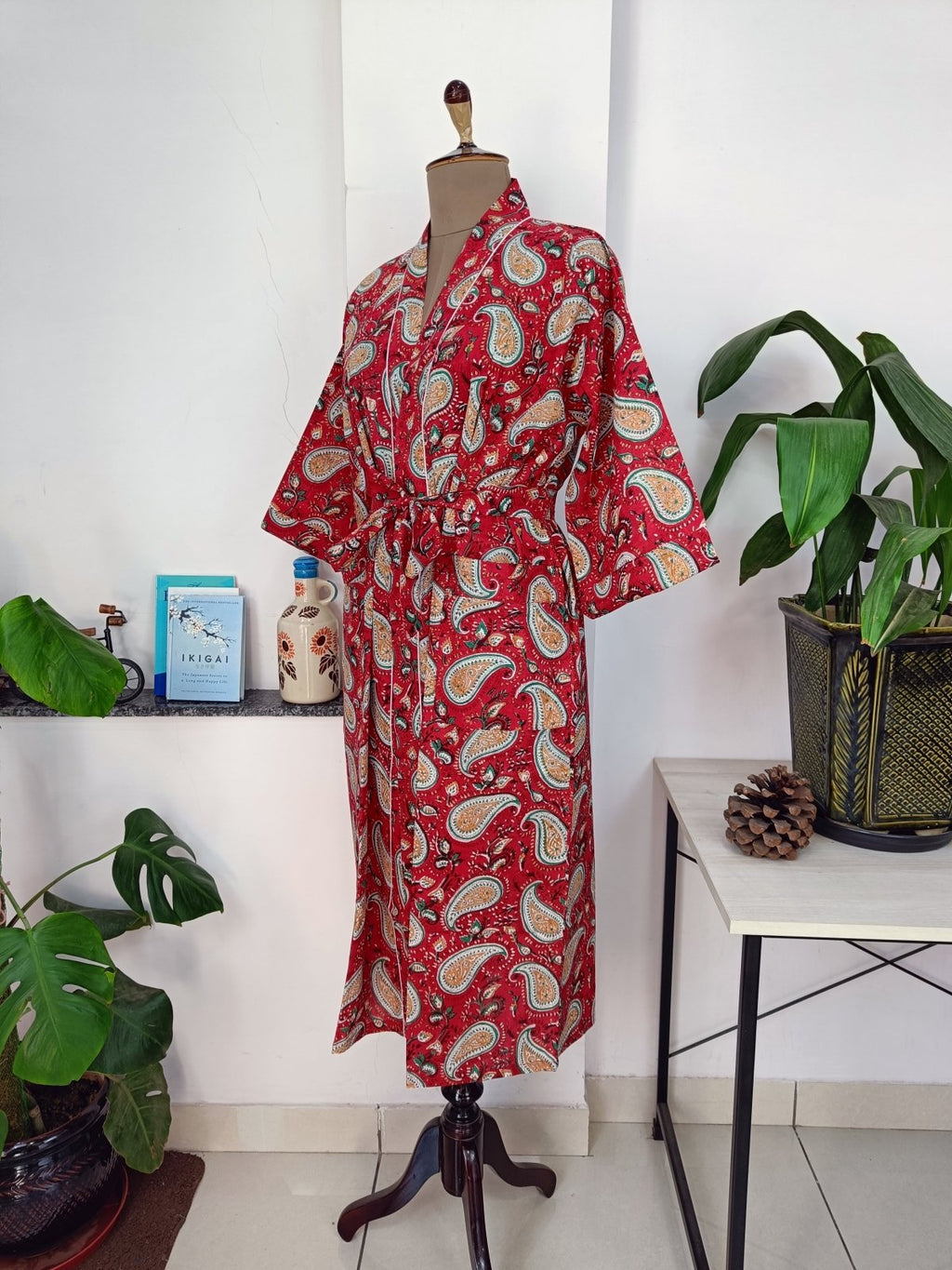 Women's block-printed Cotton Kimono Robe in paisley
