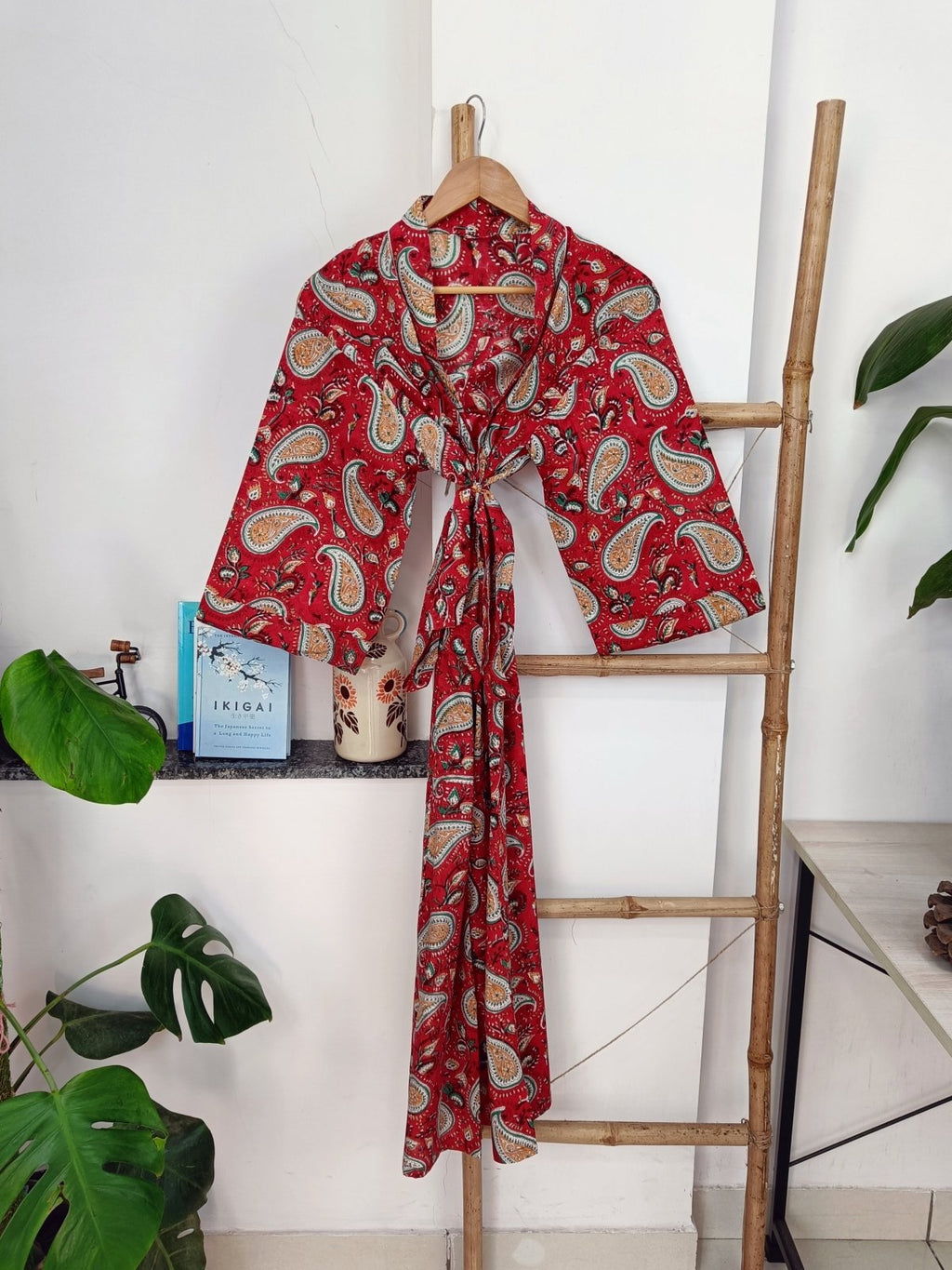 Women's block-printed Cotton Kimono Robe in paisley