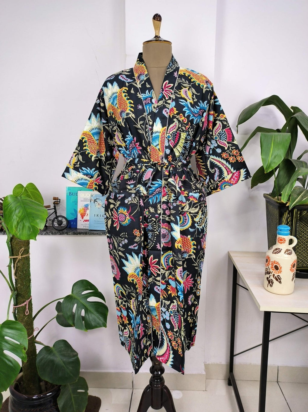 block-printed Cotton Kimono Robe in pink jungle