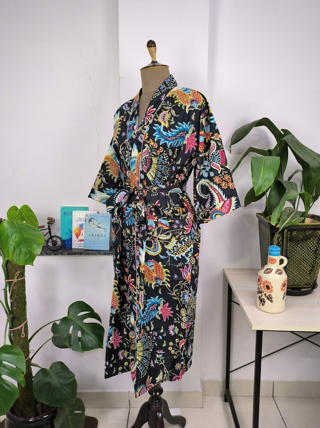 block-printed Cotton Kimono Robe in pink jungle