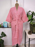 block-printed Cotton Kimono Robe in pink white abstract