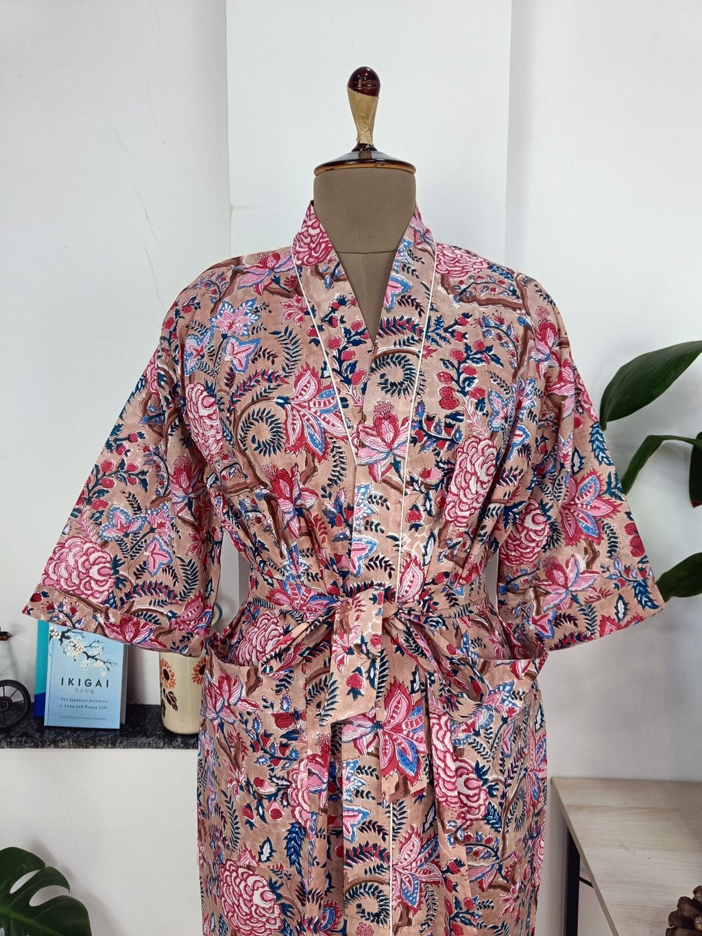 block-printed Cotton Kimono Robe in floral