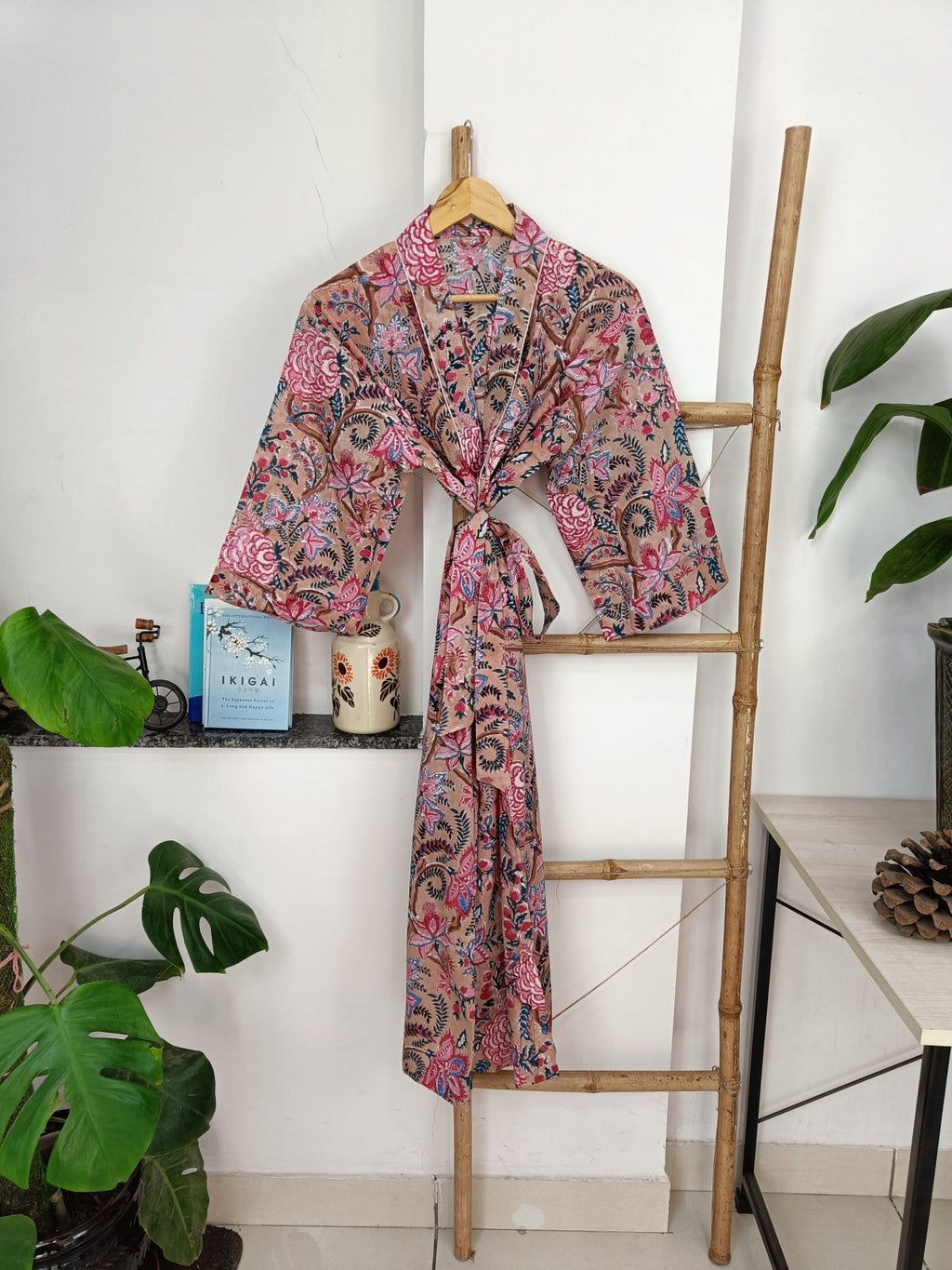 block-printed Cotton Kimono Robe in floral