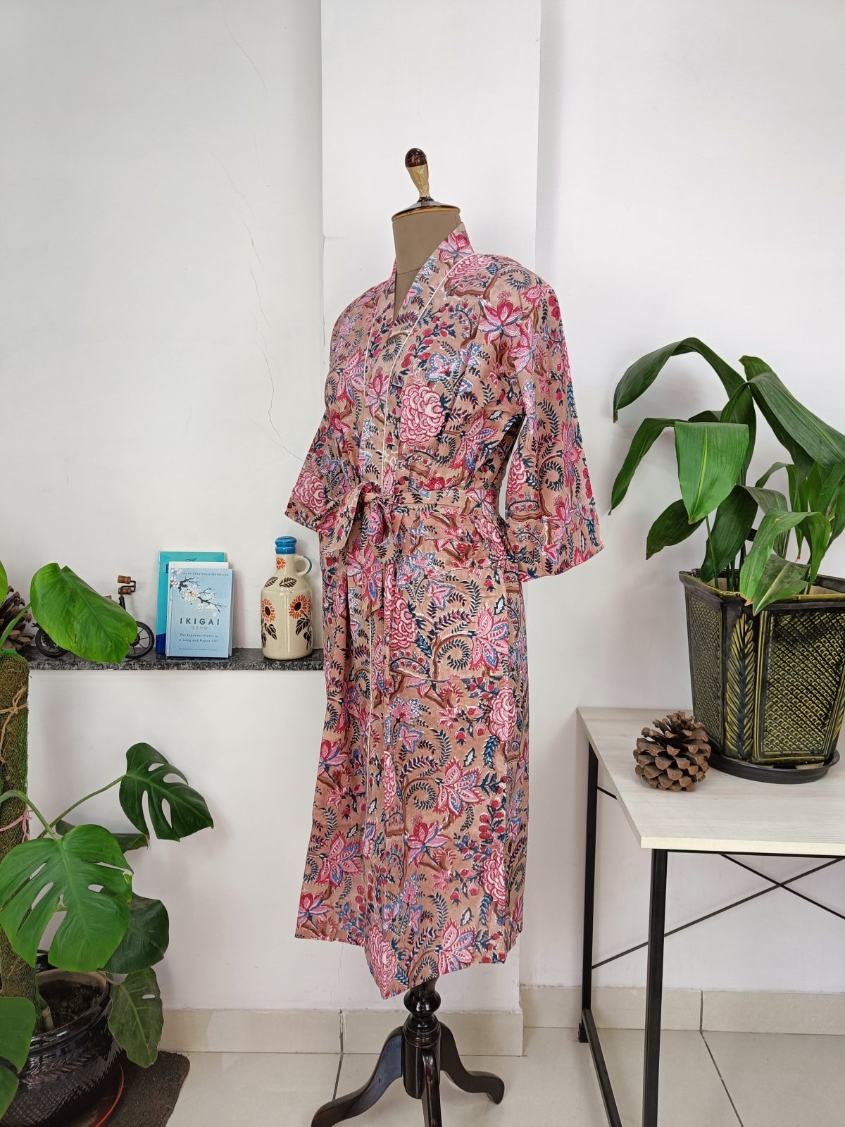 block-printed Cotton Kimono Robe in floral