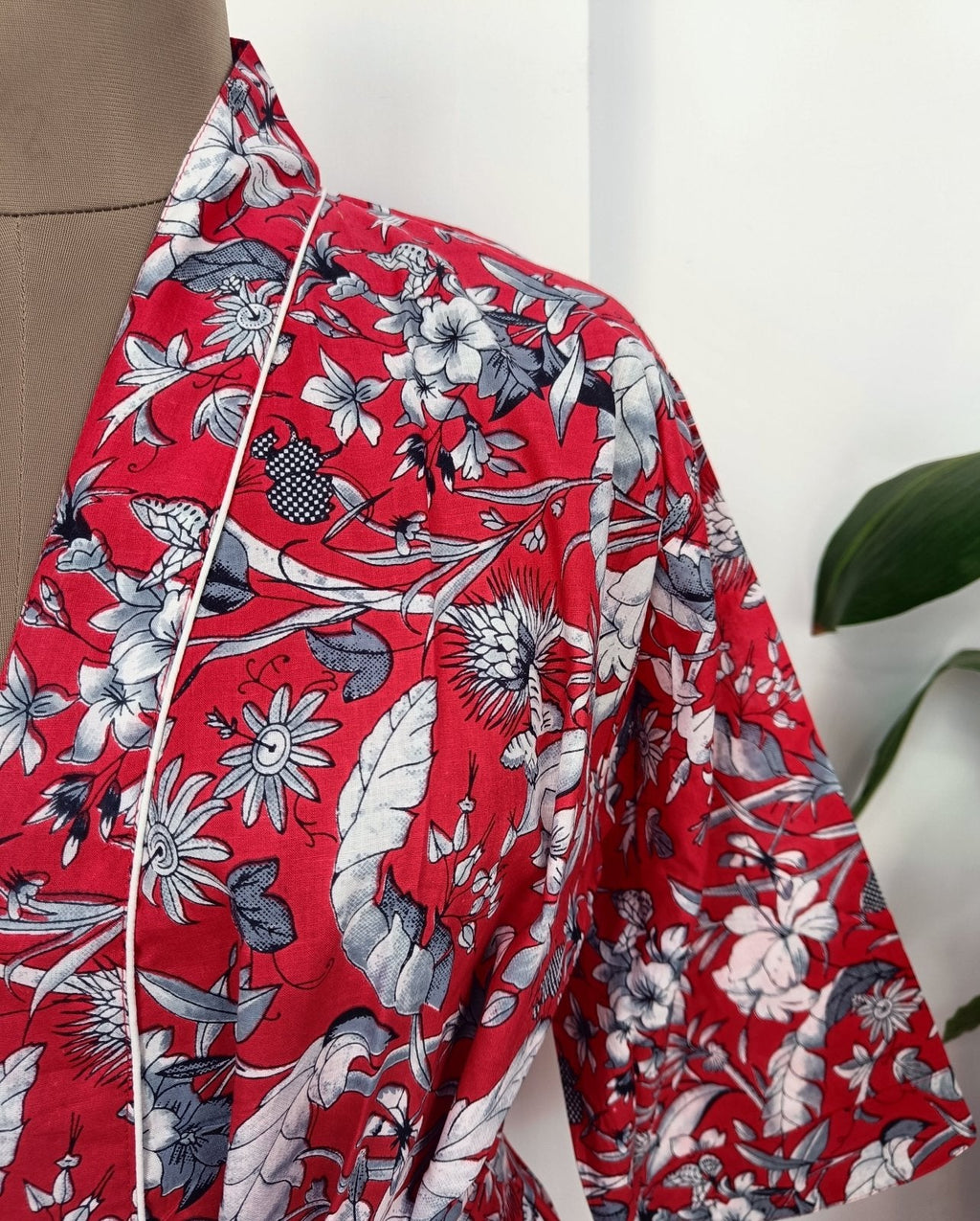 block-printed Cotton Kimono Robe in red floral