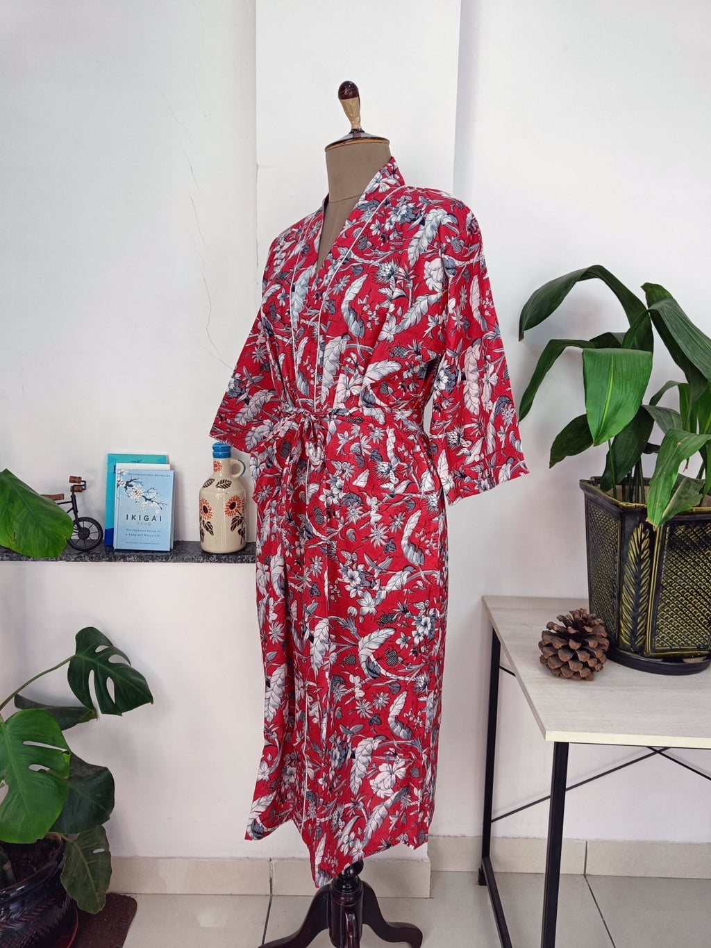 block-printed Cotton Kimono Robe in red floral