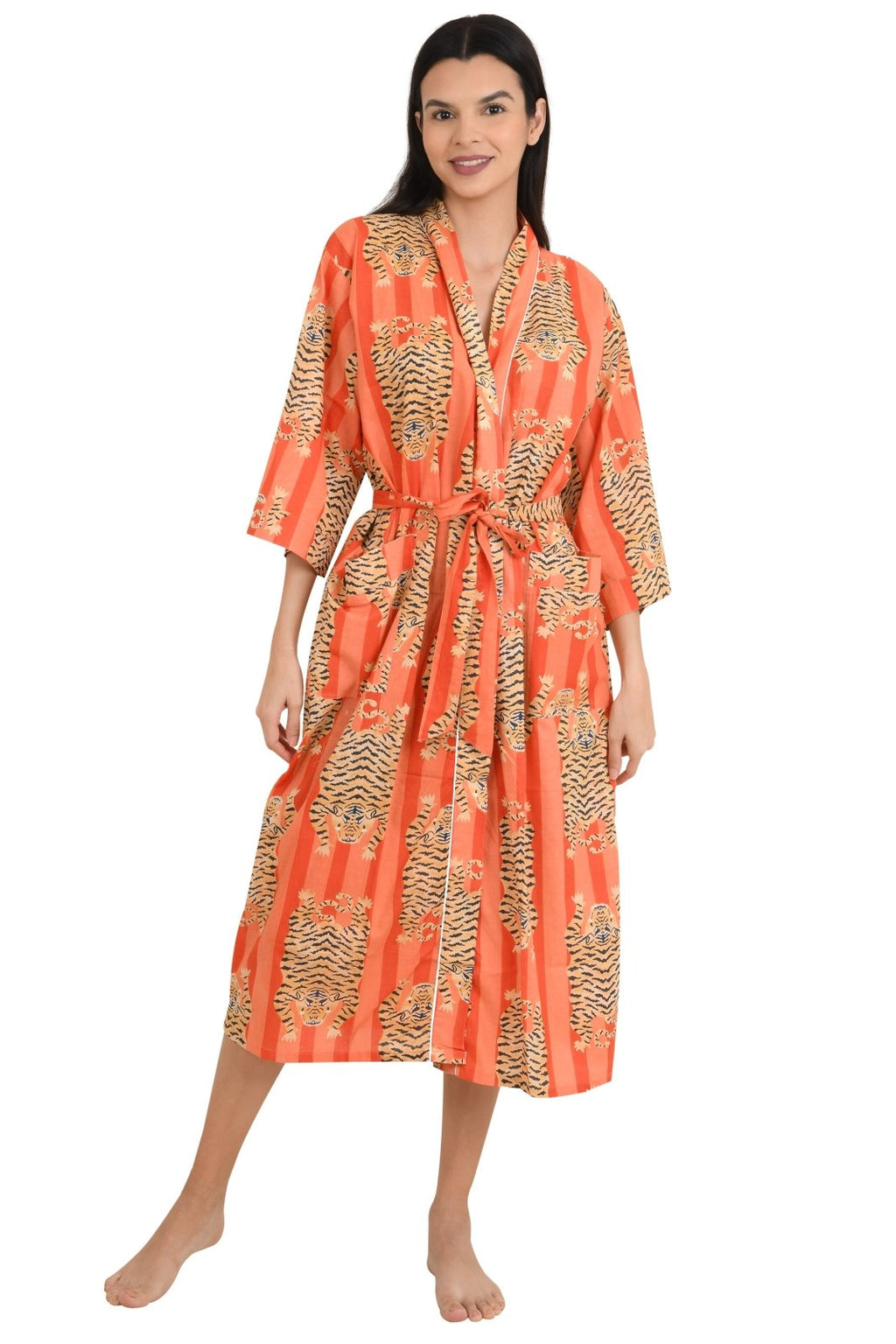 block-printed Cotton Kimono Robe in cheetah
