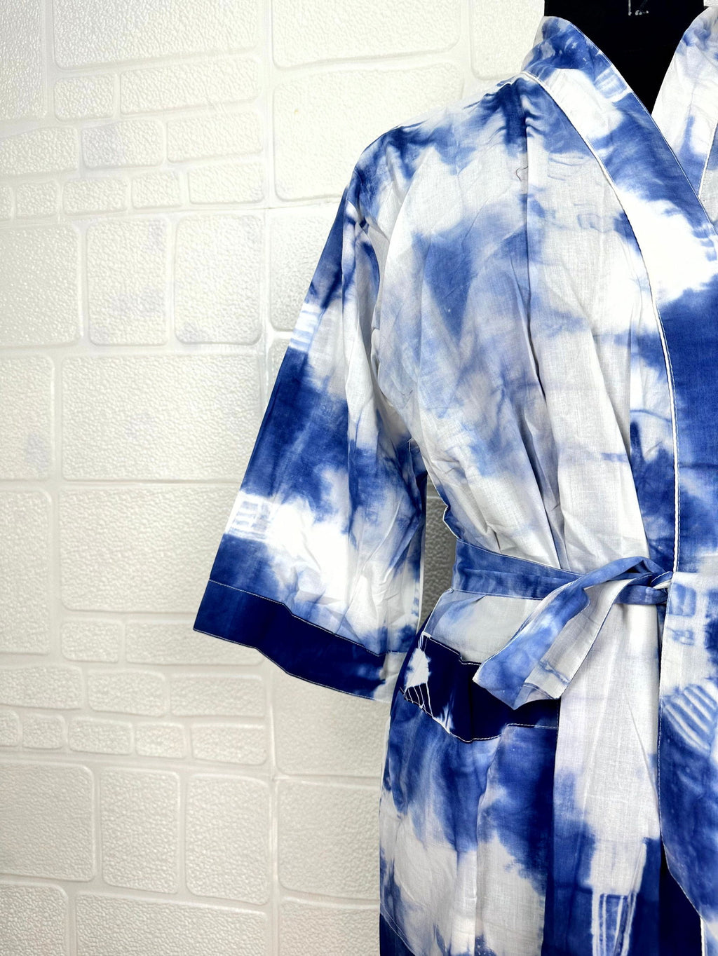 block-printed Cotton Kimono Robe in tie-dye