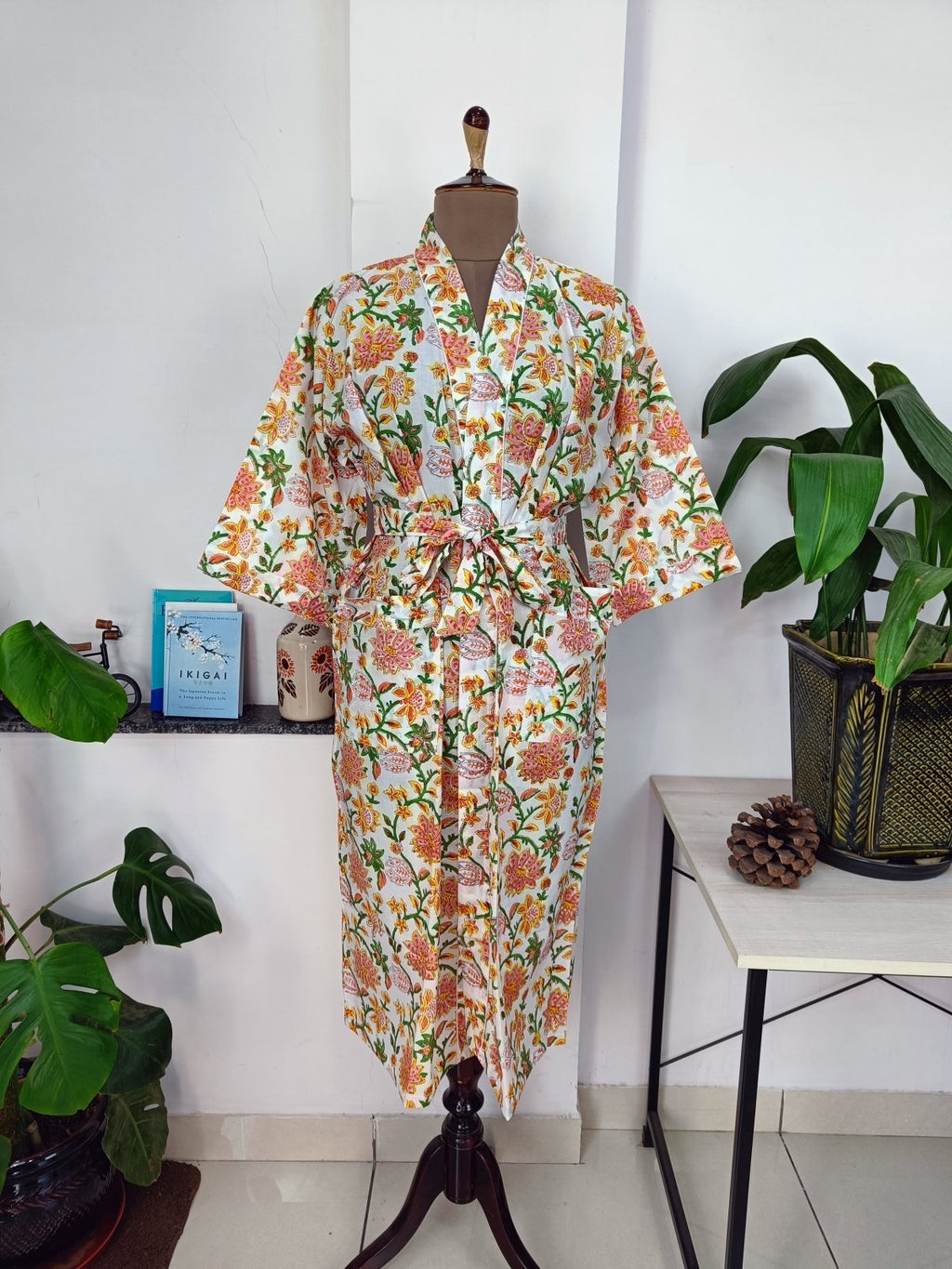 block-printed Cotton Kimono Robe in white botanical