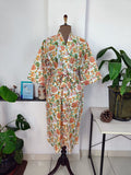block-printed Cotton Kimono Robe in white botanical
