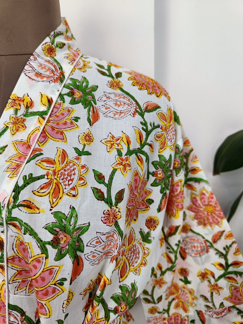 block-printed Cotton Kimono Robe in white botanical