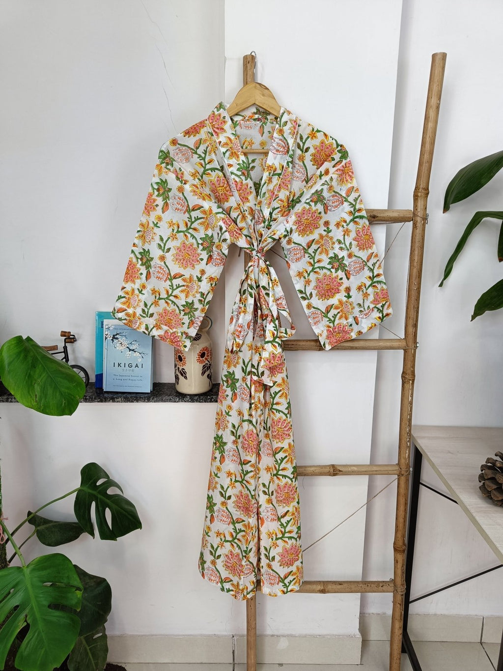 block-printed Cotton Kimono Robe in white botanical