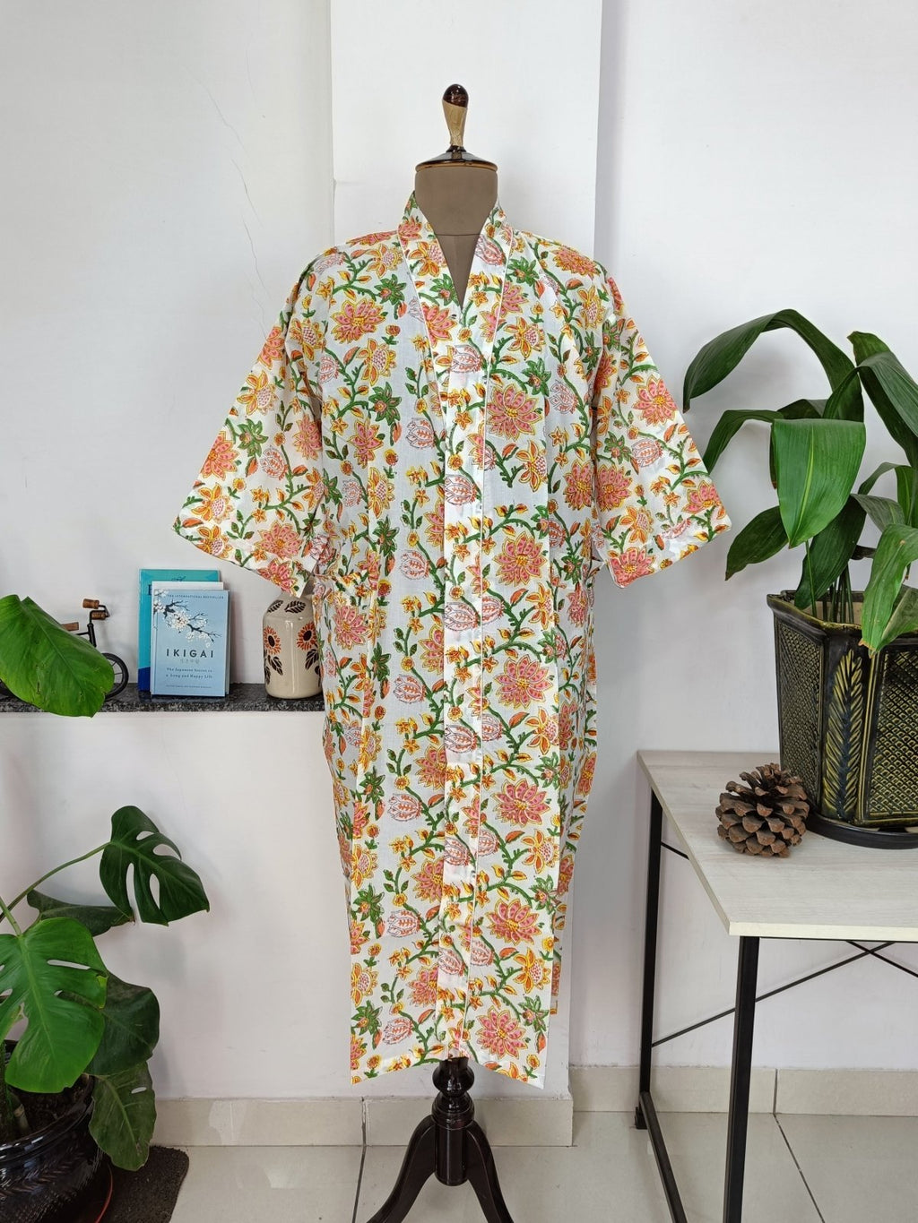 block-printed Cotton Kimono Robe in white botanical
