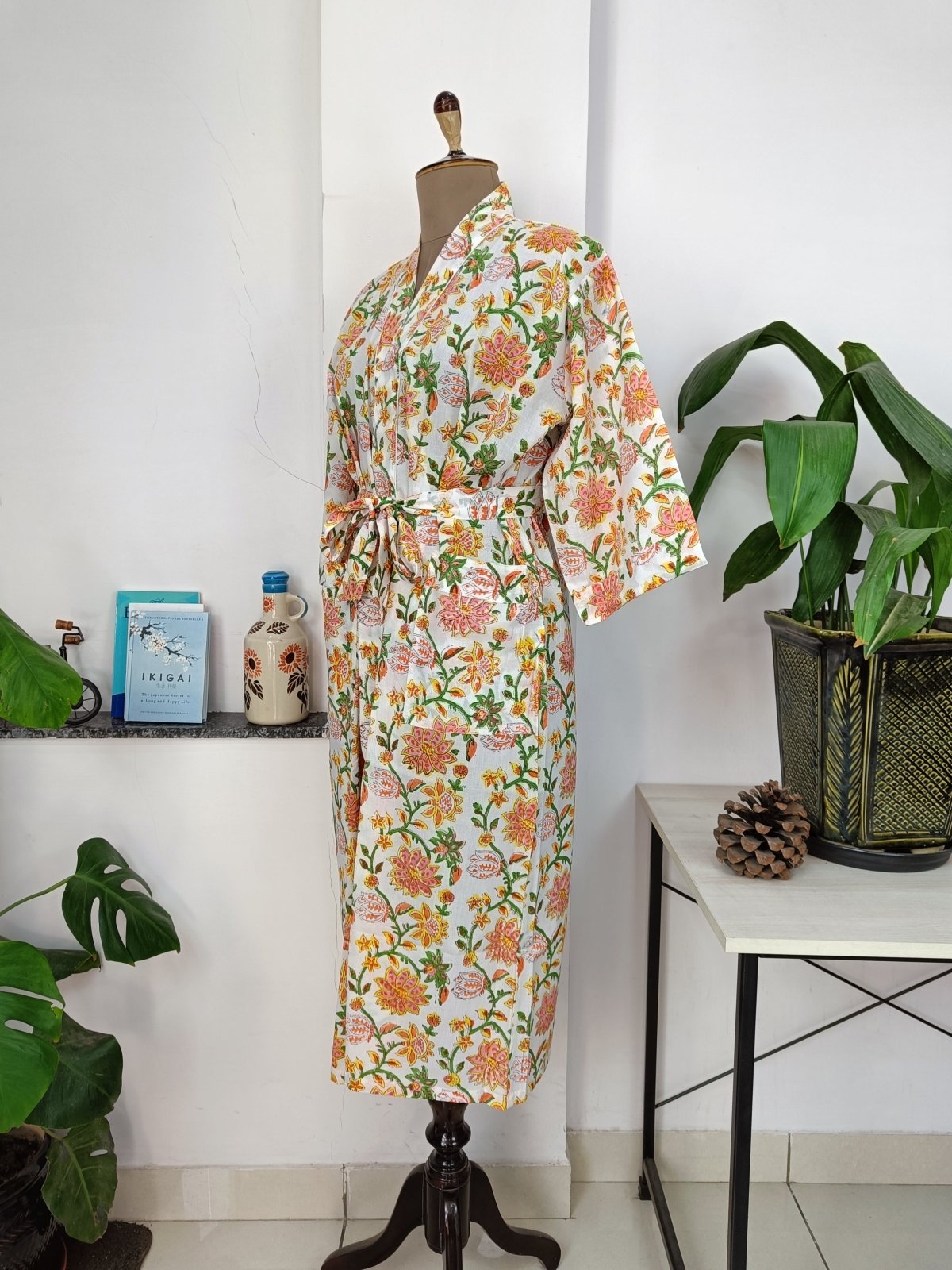 block-printed Cotton Kimono Robe in white botanical