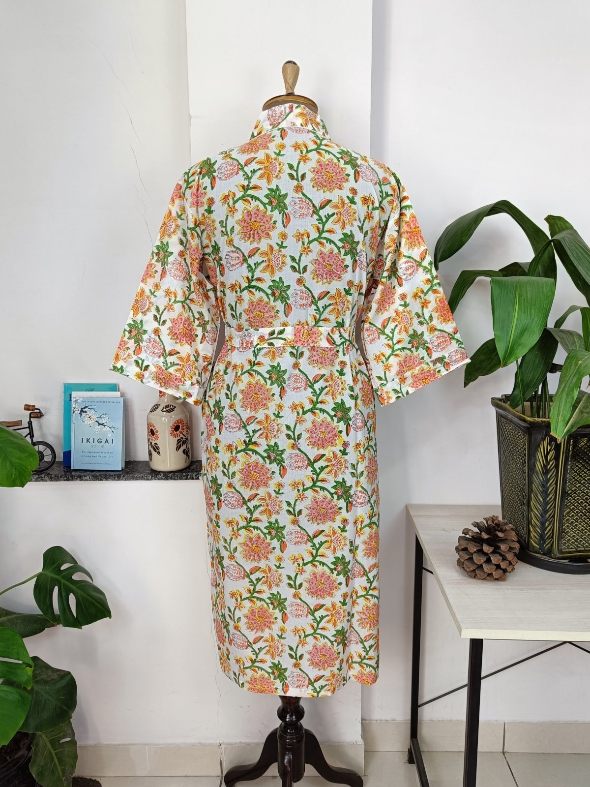 block-printed Cotton Kimono Robe in white botanical