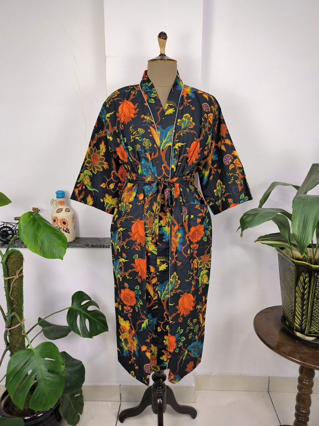 block-printed Cotton Kimono Robe in botanical