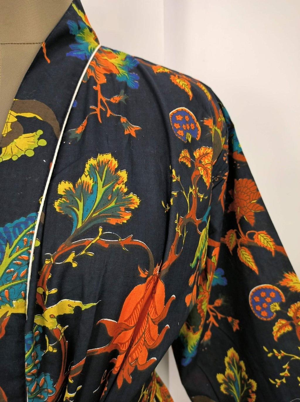 block-printed Cotton Kimono Robe in botanical