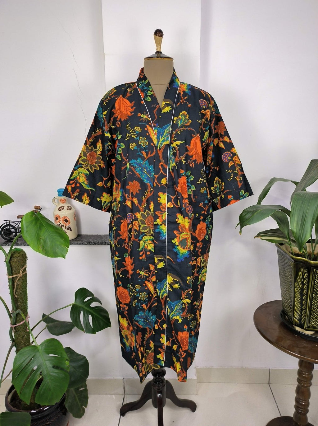 block-printed Cotton Kimono Robe in botanical