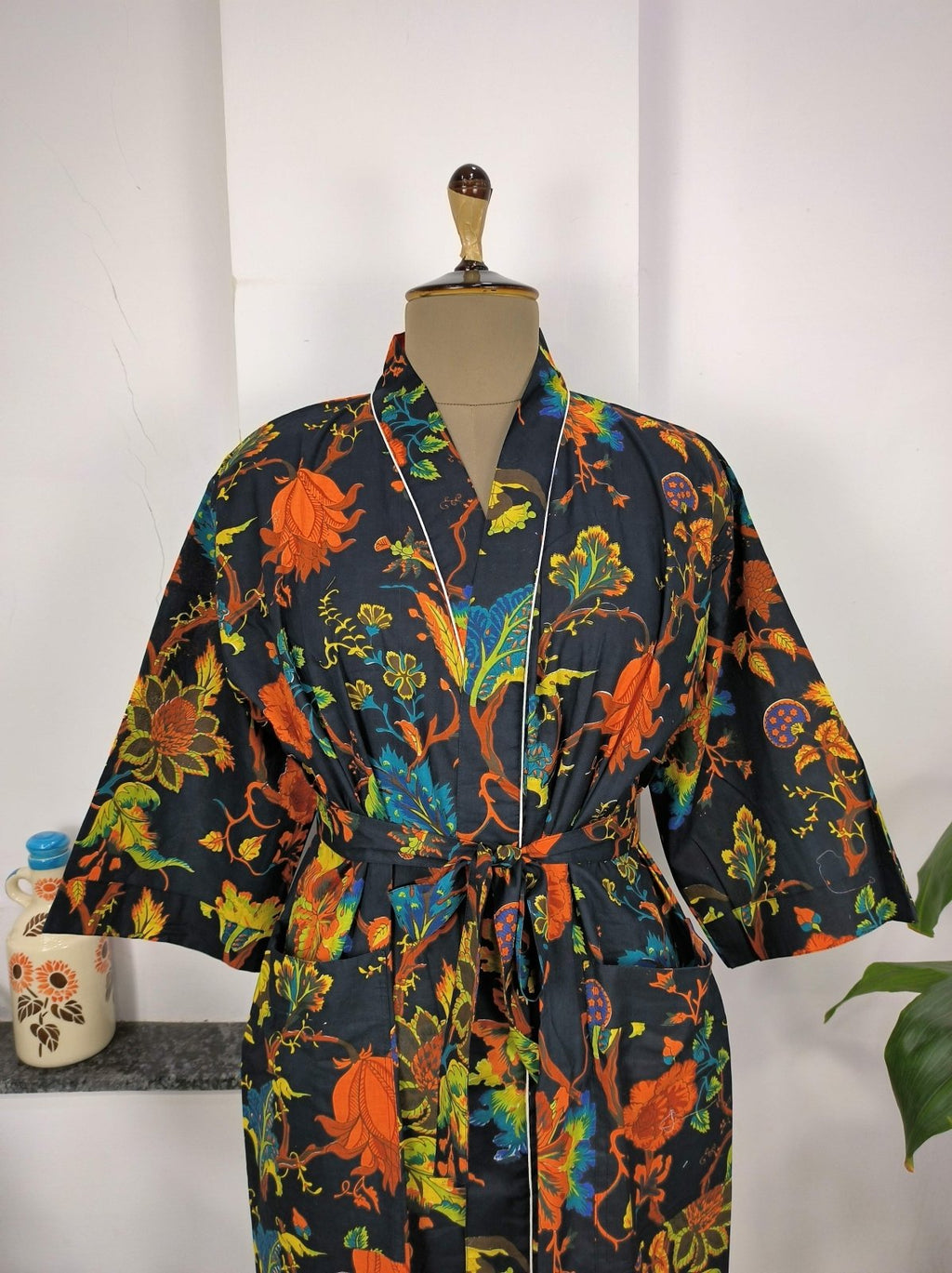 block-printed Cotton Kimono Robe in botanical