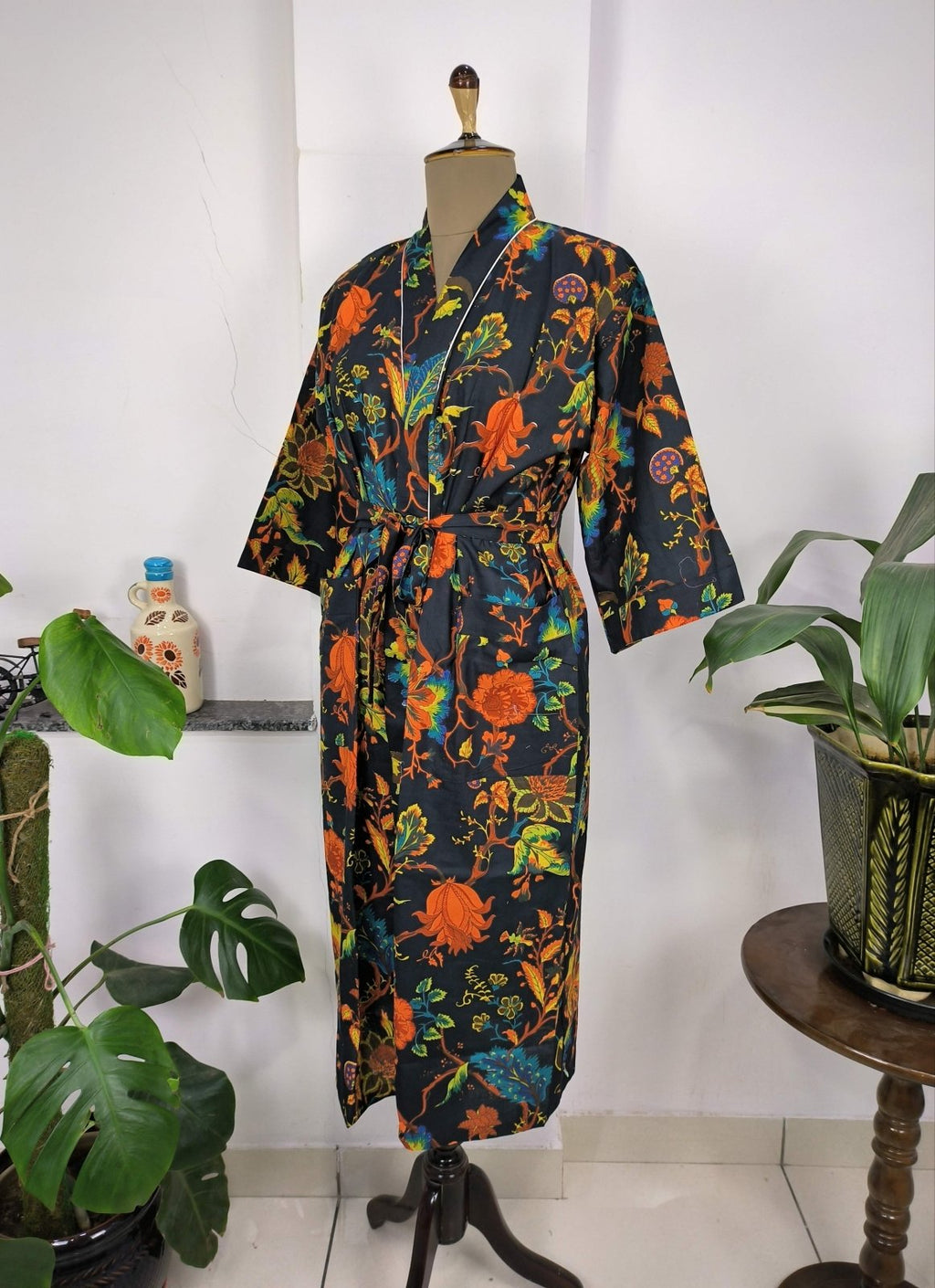 block-printed Cotton Kimono Robe in botanical