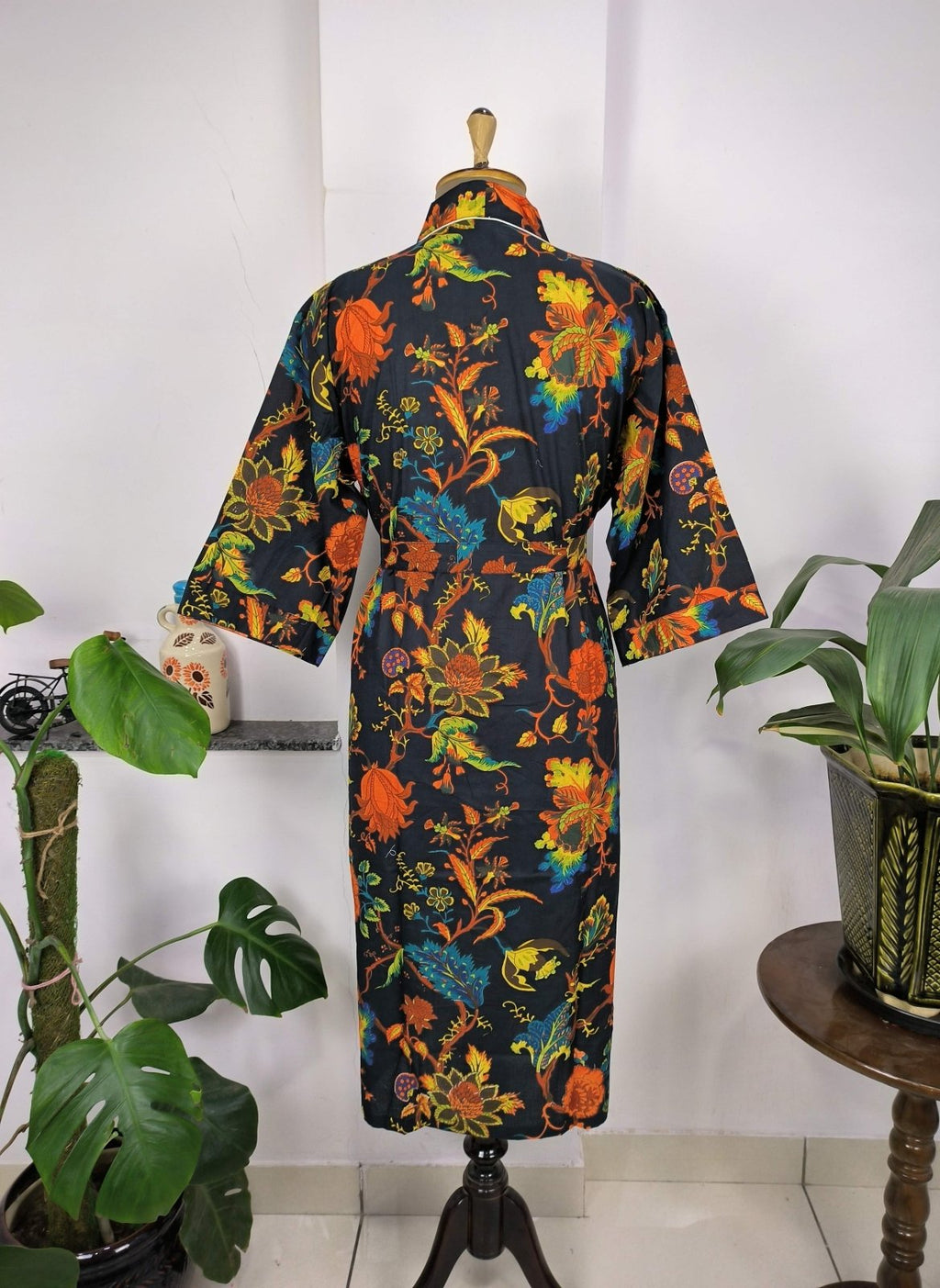 block-printed Cotton Kimono Robe in botanical