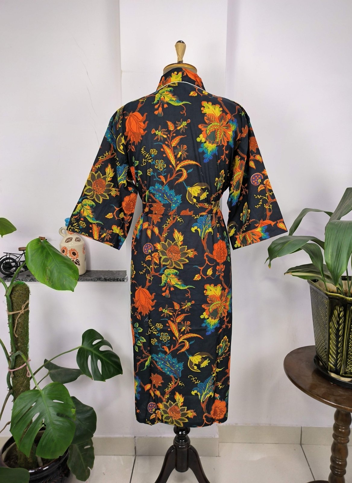block-printed Cotton Kimono Robe in botanical
