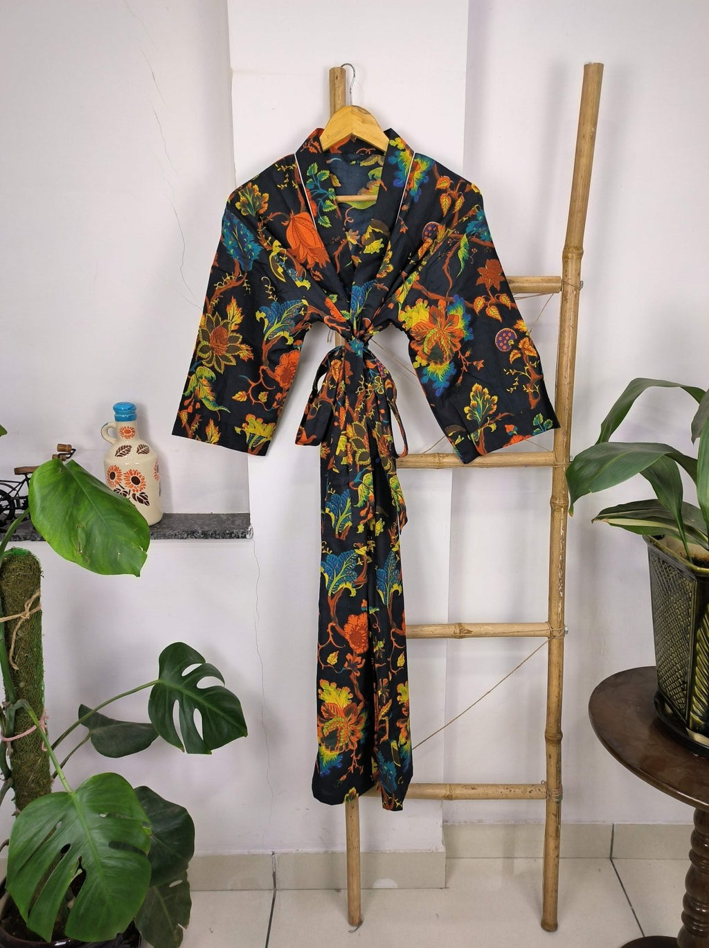 block-printed Cotton Kimono Robe in botanical