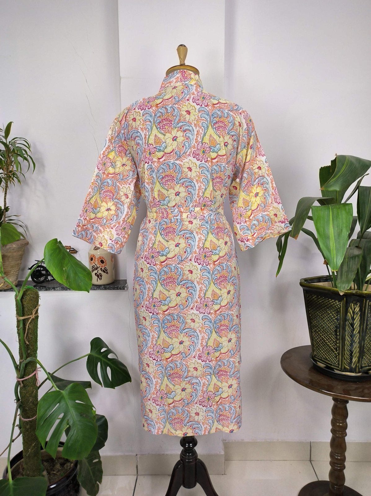 block-printed Cotton Kimono Robe in floral