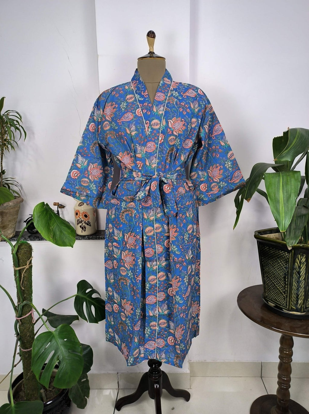 block-printed Cotton Kimono Robe in floral